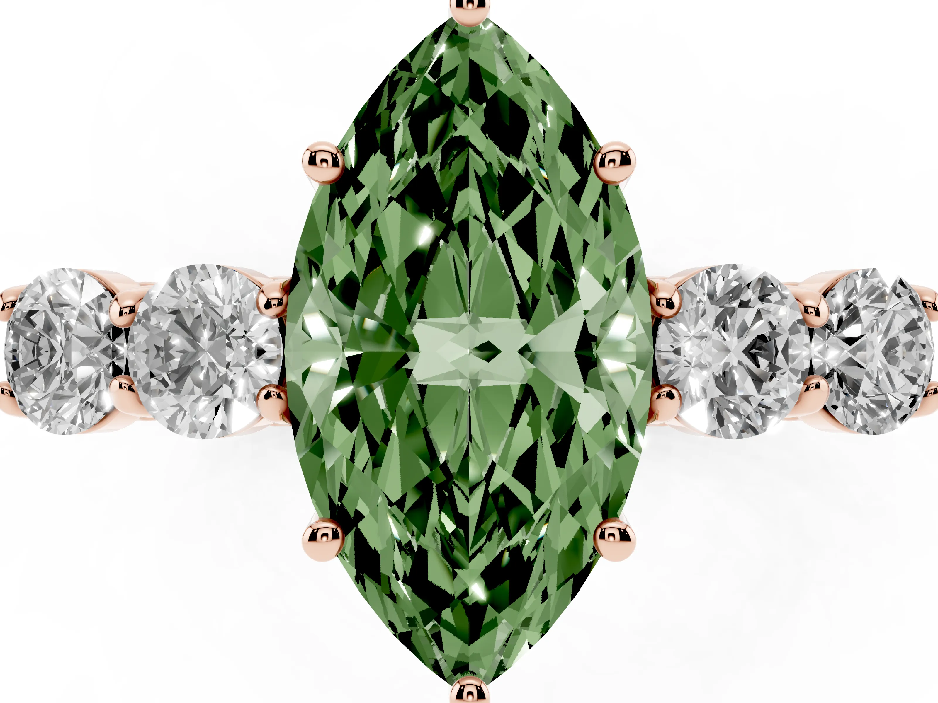 Fancy Green Marquise Cut Diamond Five-Stone Prong Set Band Ring Set in Rose gold with Polished Band