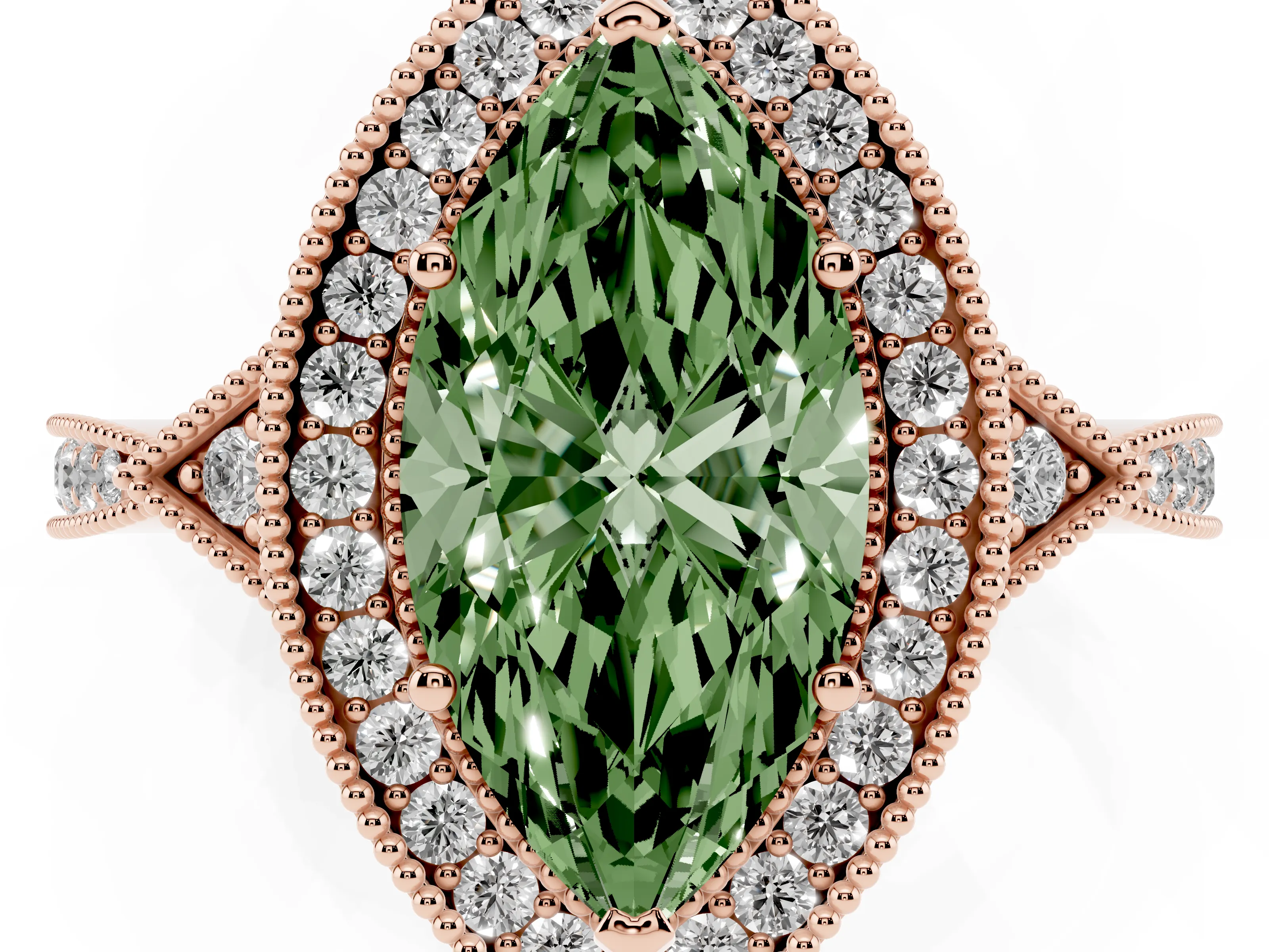 Fancy Green Marquise Cut Diamond Halo Engagement Ring Set in Rose gold with Milgrain Pavé Band