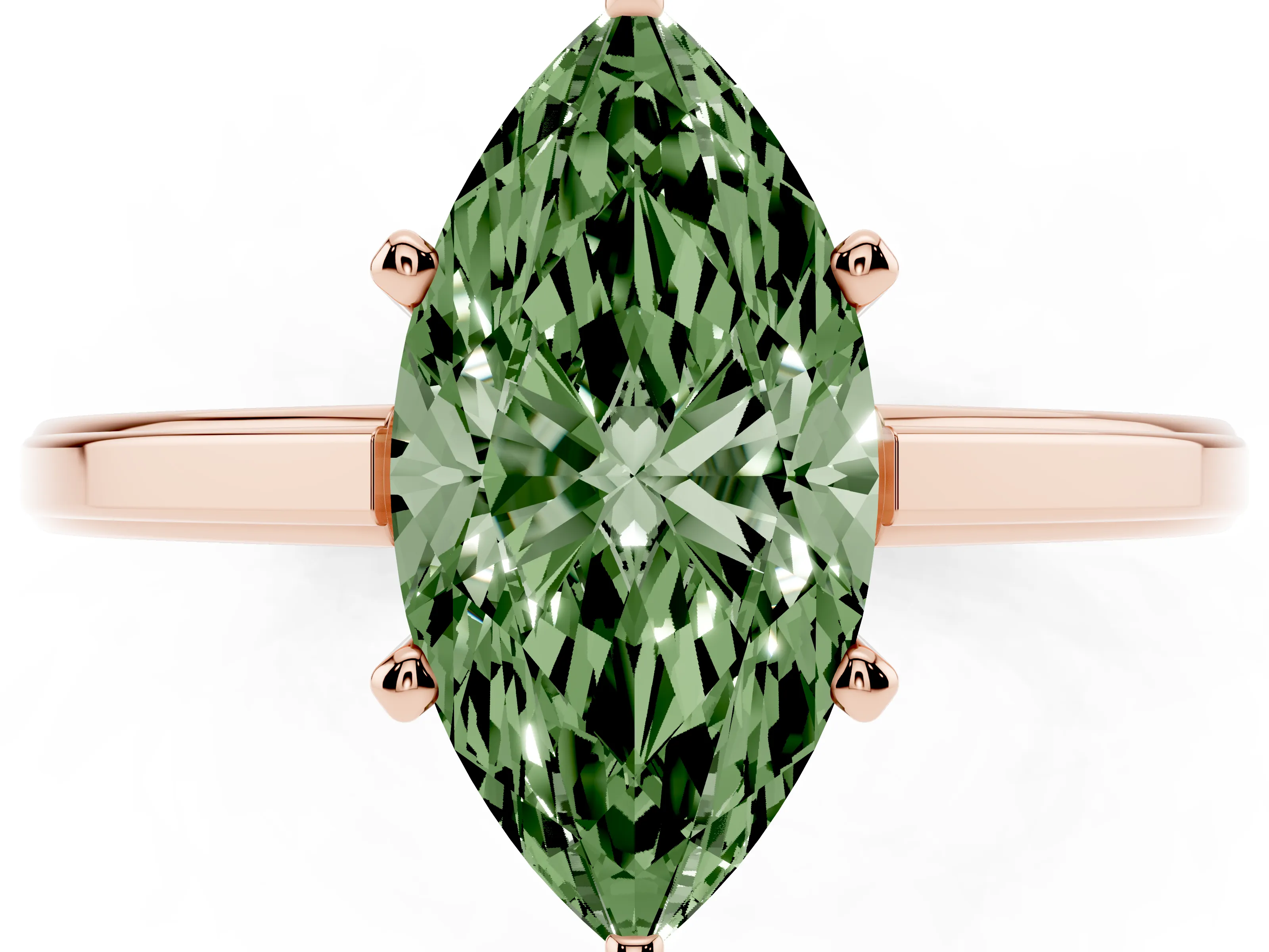Fancy Green Marquise Cut Diamond Solitaire Ring Set in Rose gold with Prong Setting and Classic Band