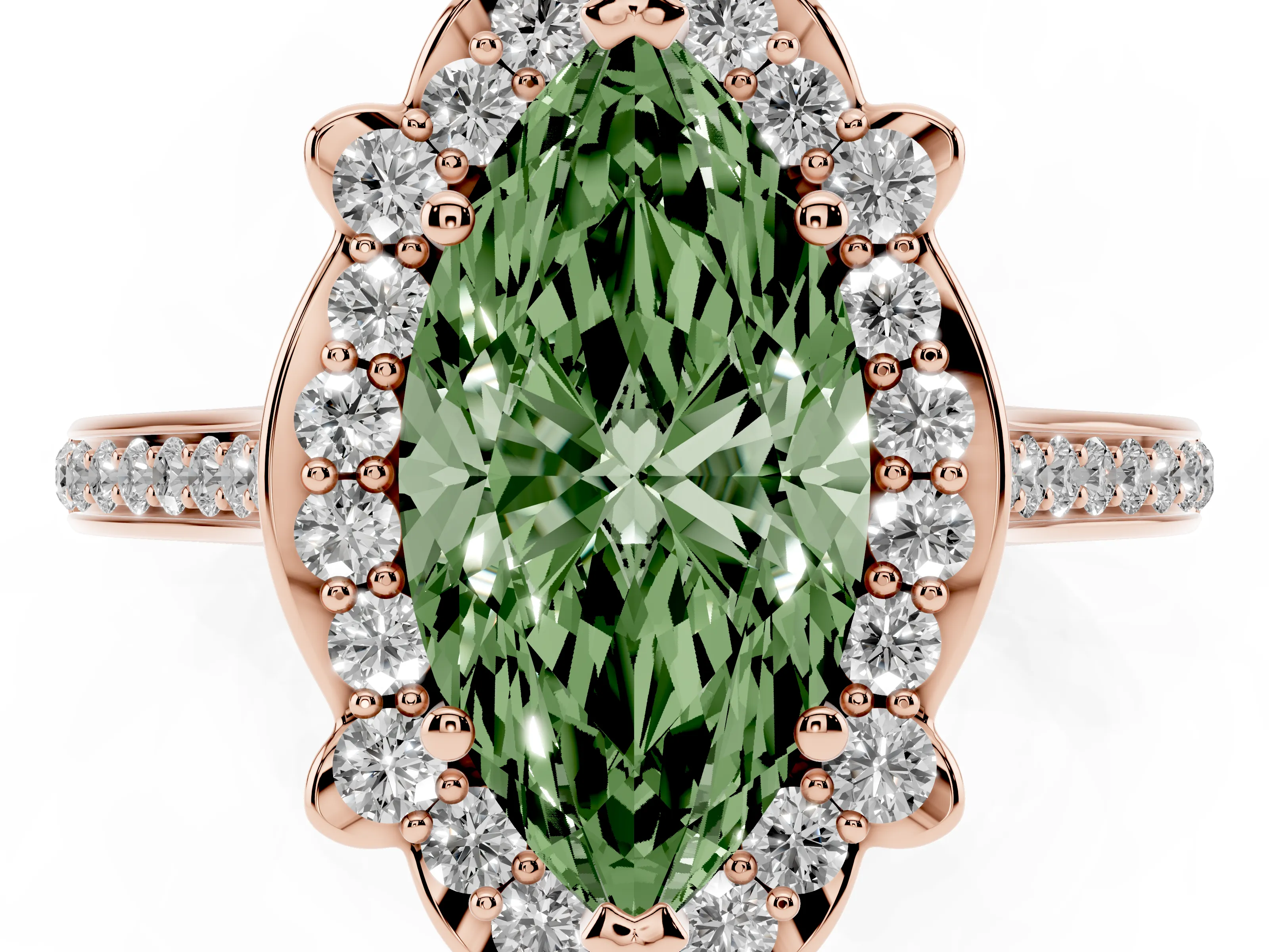 Fancy Green Marquise Cut Diamond Halo Ring Set in Rose gold with Pavé-Lined Shoulders and Prong Setting