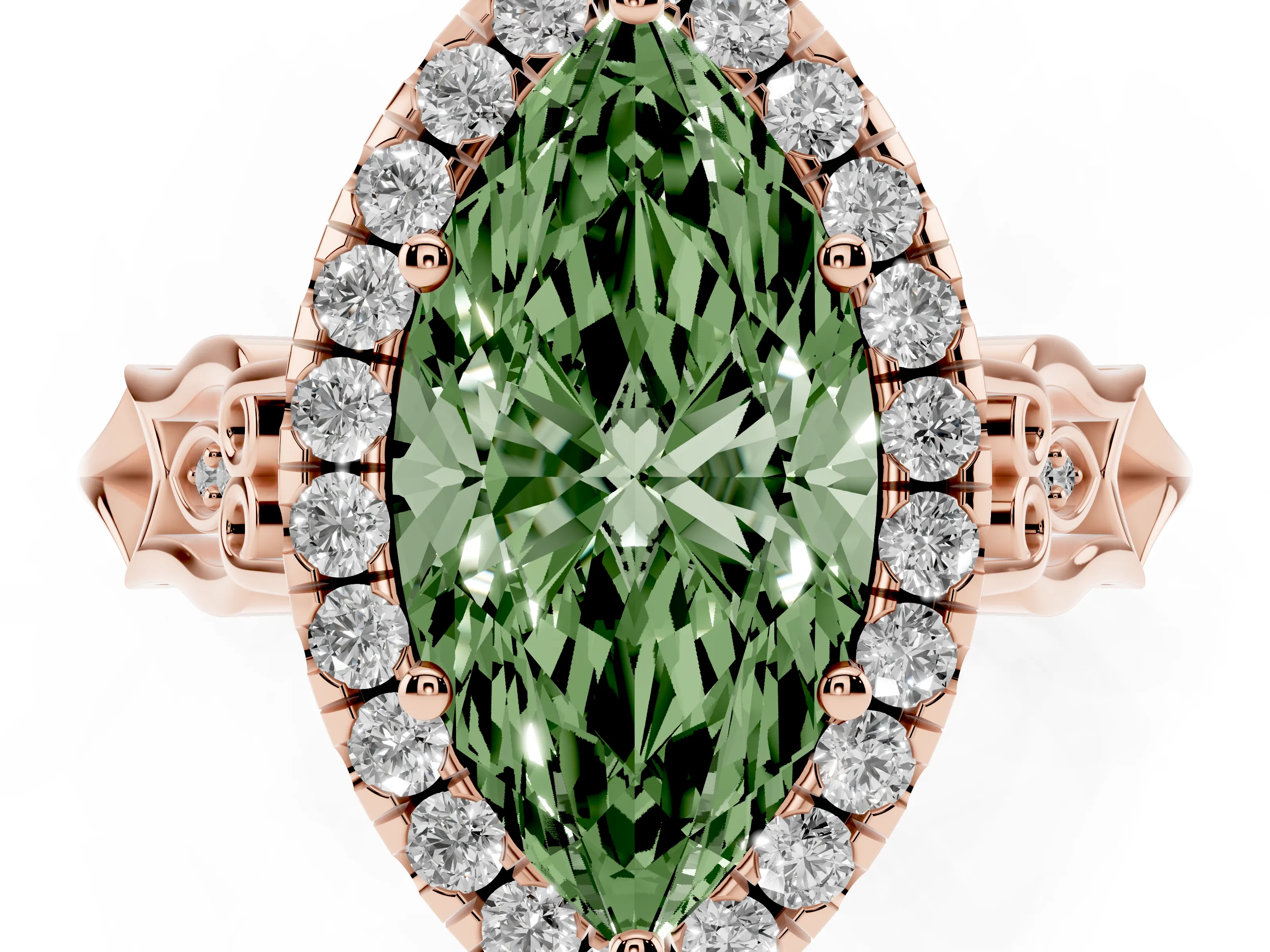 Fancy Green Marquise Cut Diamond Halo Engagement Ring Set in Rose gold with Filigree Band and Prong-Set Center
