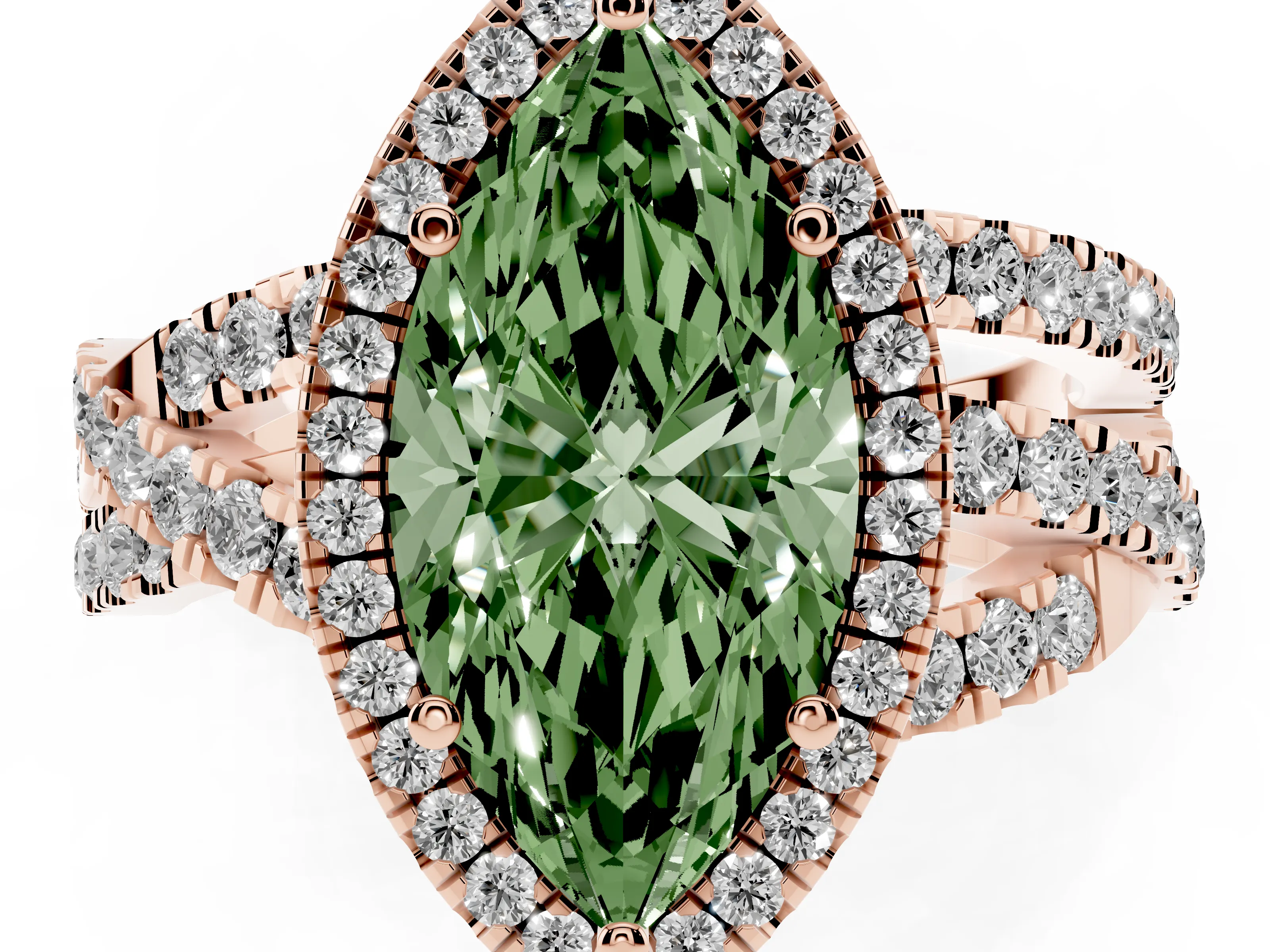 Fancy Green Marquise Cut Diamond Halo Ring Set in Rose gold with Round Crossover Split Shank and Prong Setting