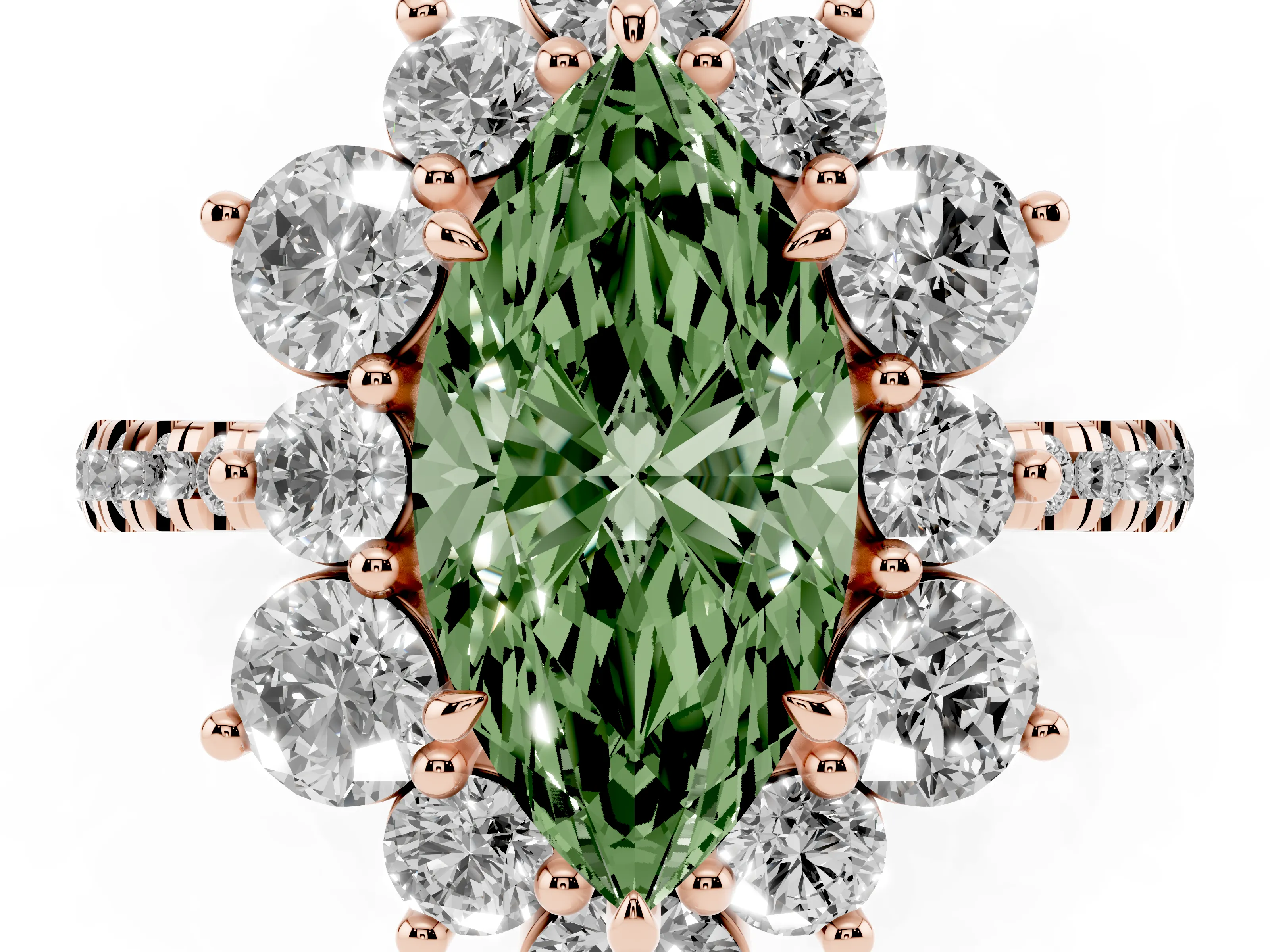 Fancy Green Marquise Cut Diamond Floral Halo Ring Set in Rose gold with Round Pavé Band and Prong Setting