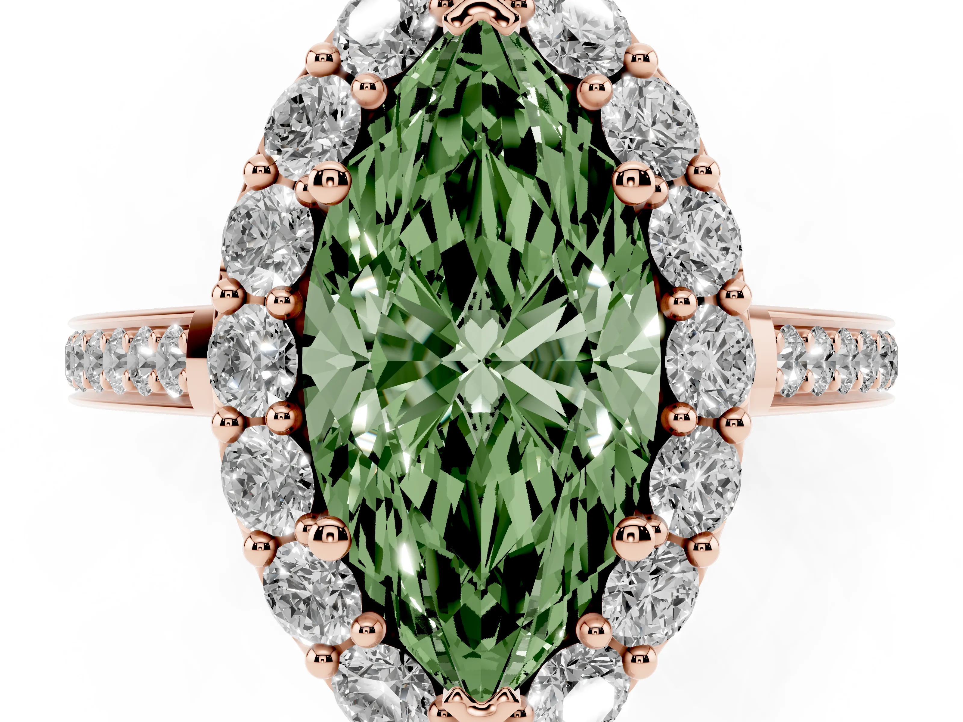 Fancy Green Marquise Cut Diamond Floral Halo Ring Set in Rose gold with Pavé Band and Prong Setting