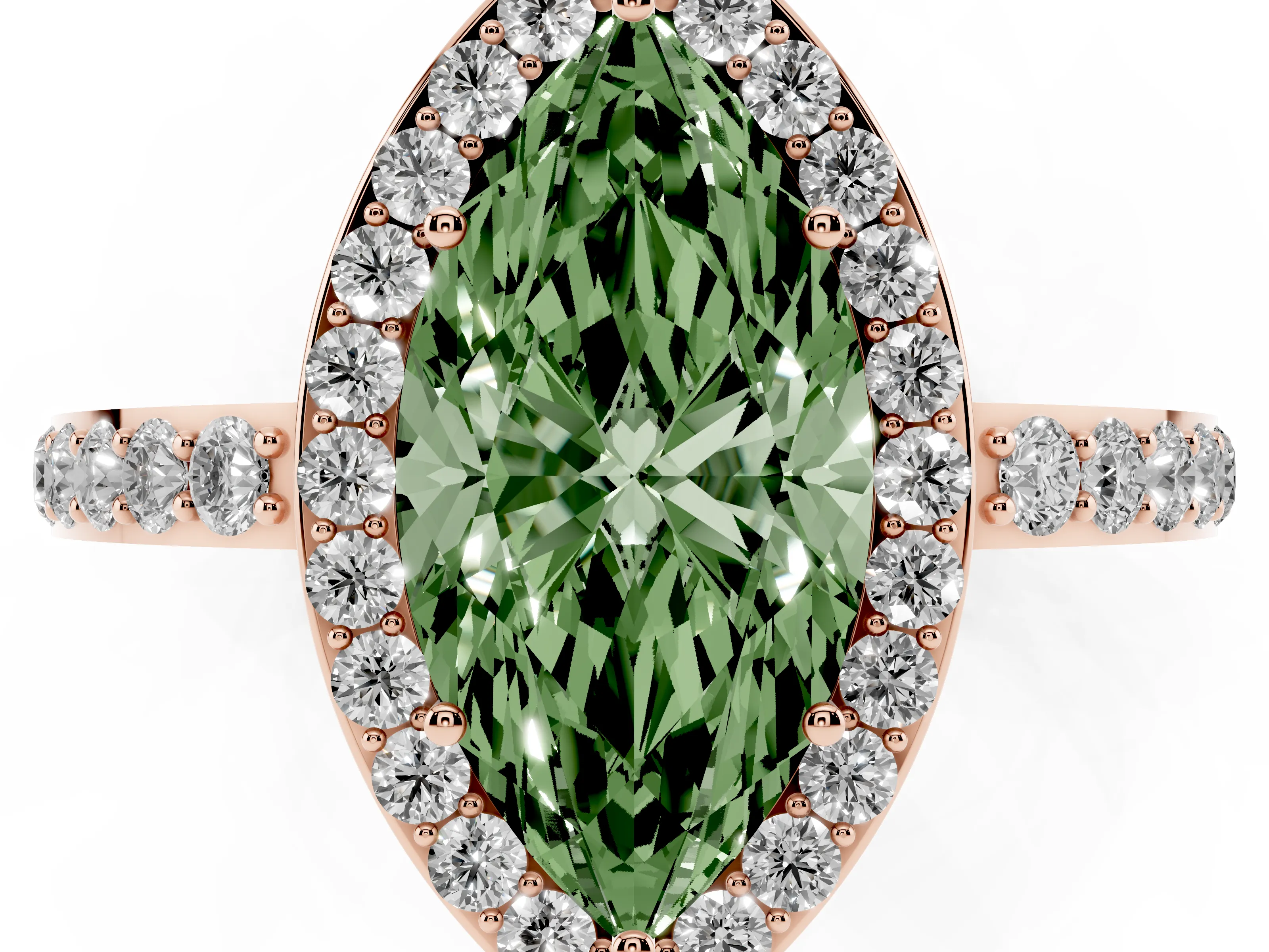 Fancy Green Marquise Cut Diamond Halo Ring Set in Rose gold with Pavé-Setting Band and Open Prong Center
