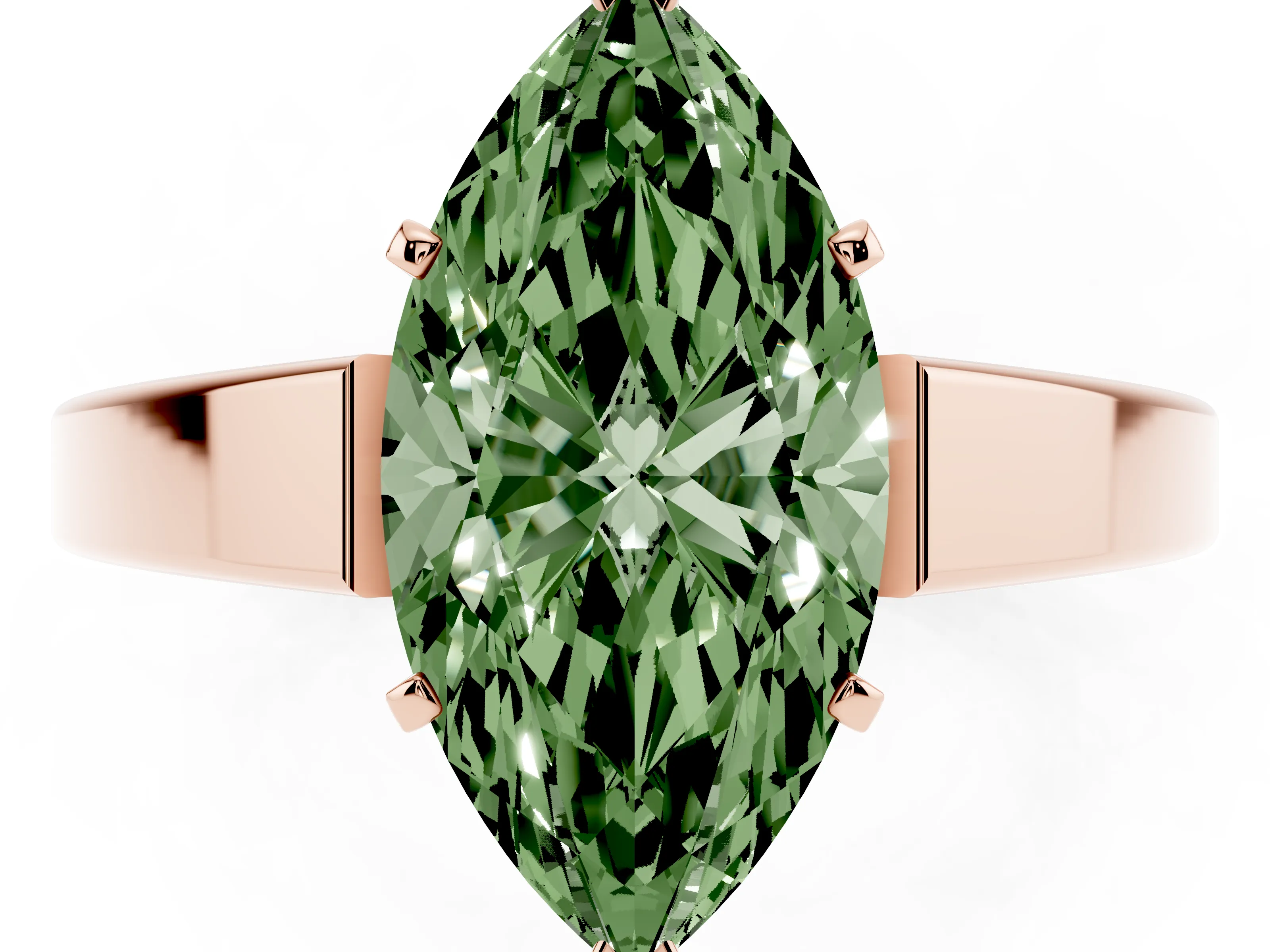 Fancy Green Marquise Cut Diamond Solitaire Engagement Ring Set in Rose gold with Prong Setting and Tapered Band