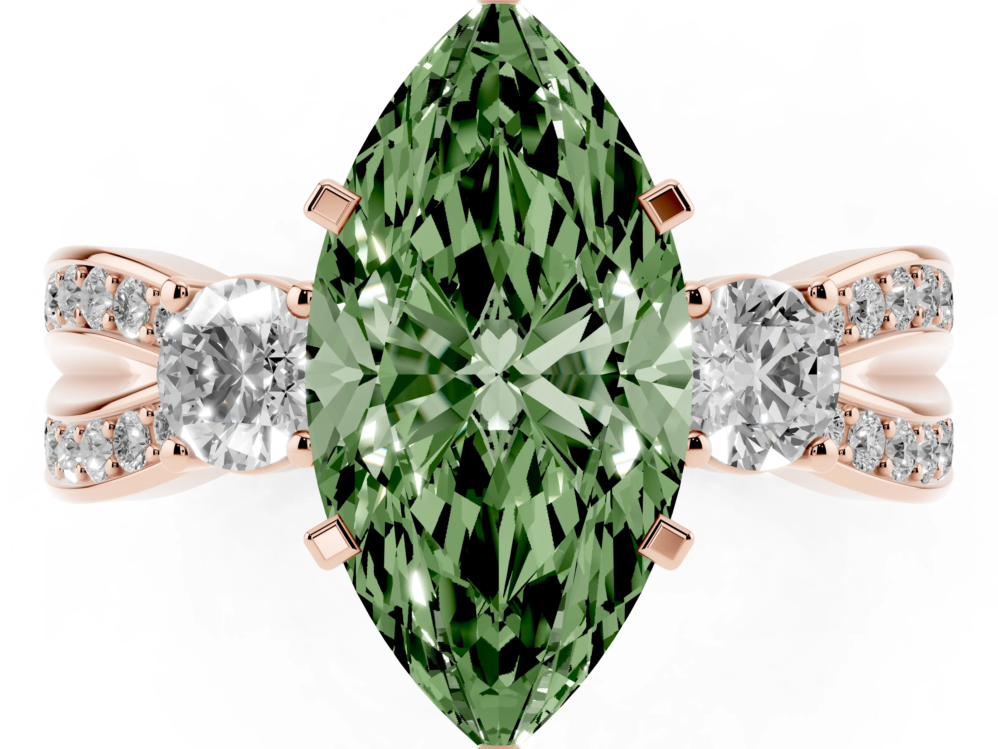 Fancy Green Three-Stone Marquise Cut Diamond Twist Band Ring Set in Rose gold with Pavé Accents and Prong Setting