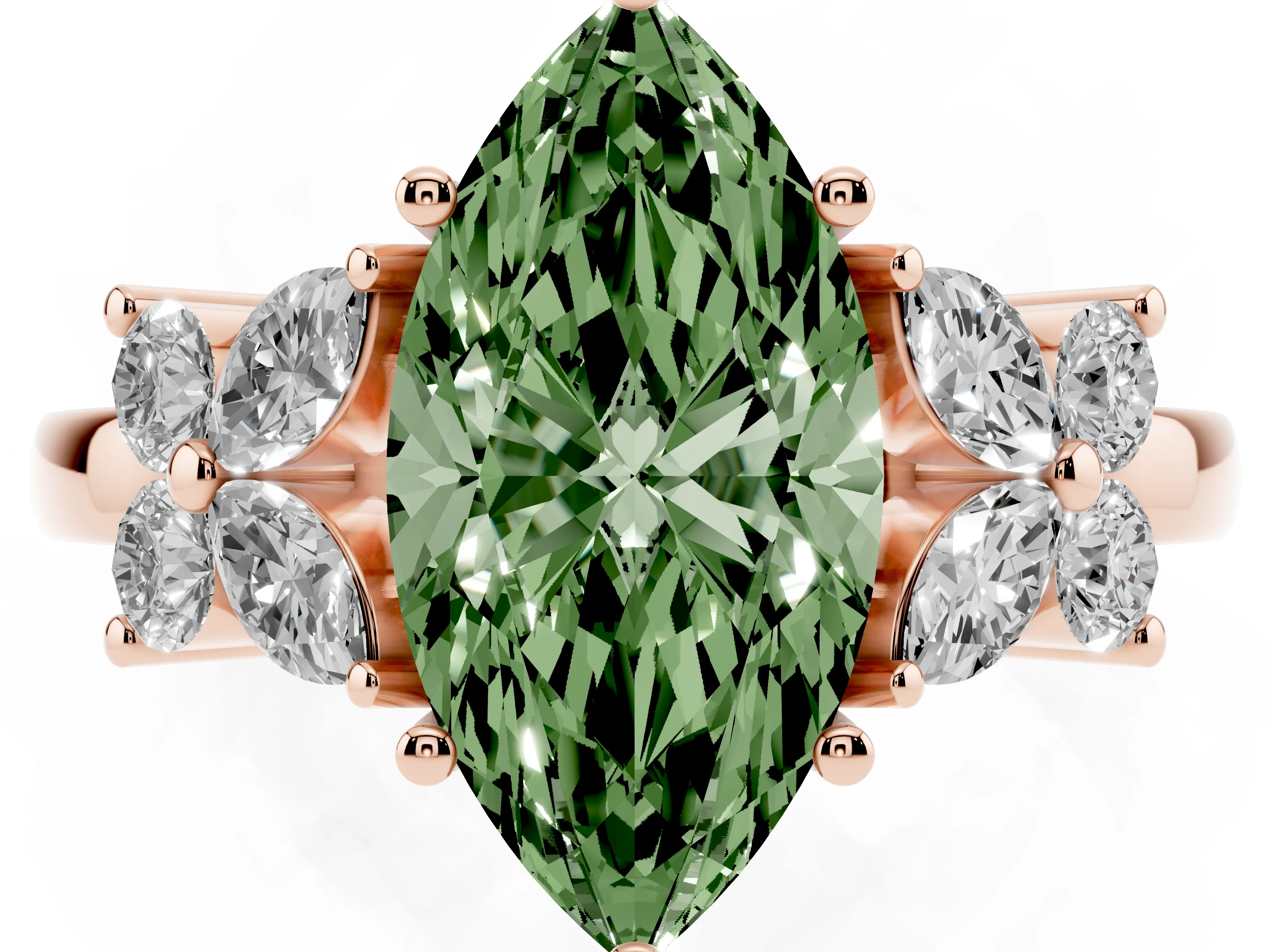 Fancy Green Marquise Cut Diamond Floral Cluster Ring Set in Rose gold with Marquise Petals and Prong Setting