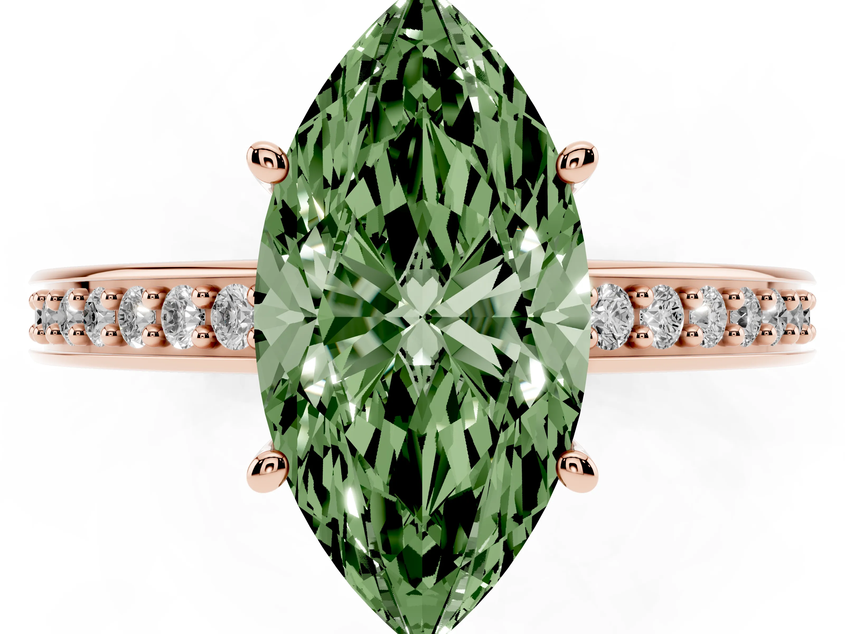 Fancy Green Marquise Cut Diamond Pavé Band Prong Set Solitaire Ring Set in Rose gold