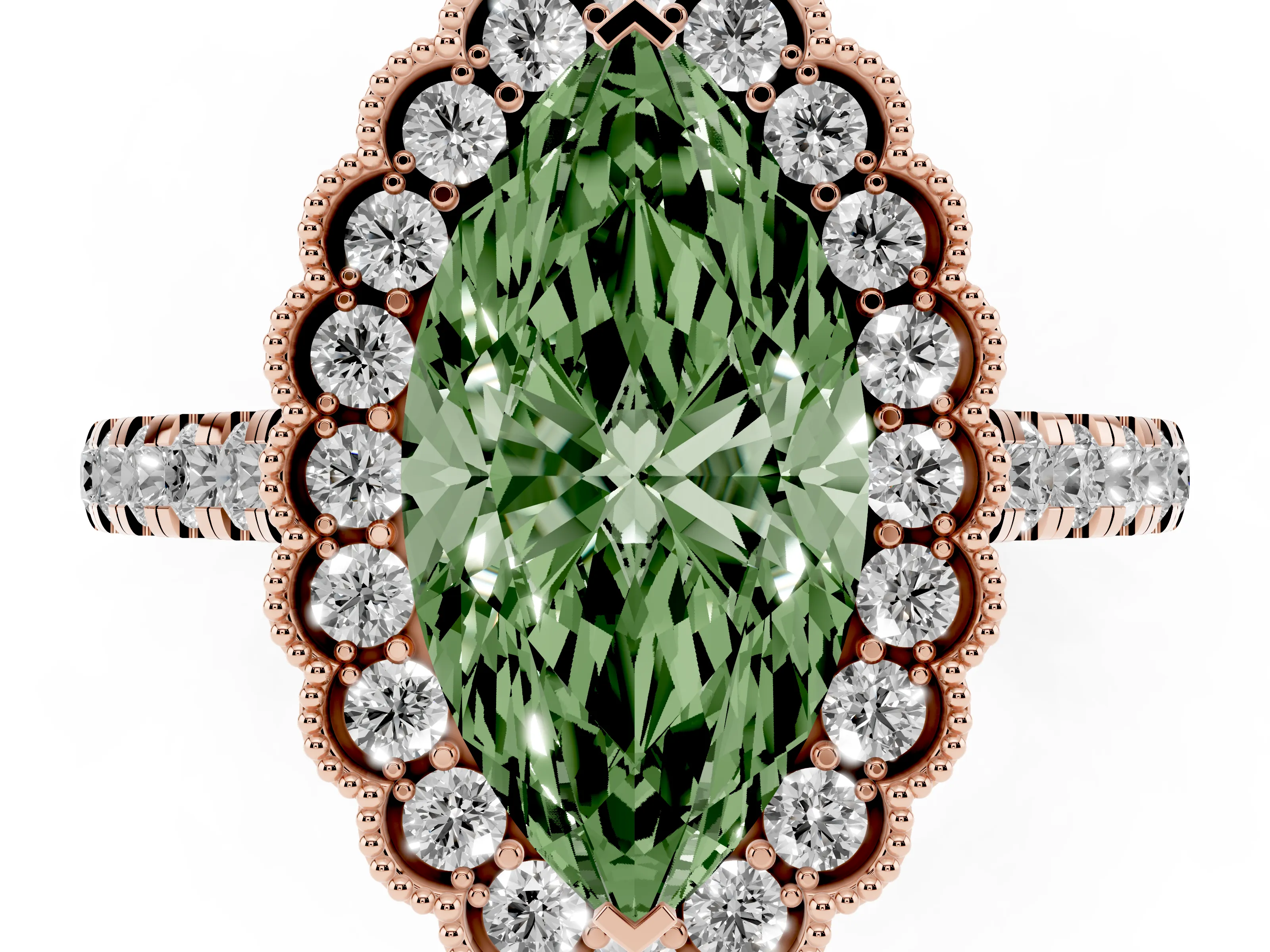 Fancy Green Marquise Cut Diamond Milgrain Floral Halo Engagement Ring Set in Rose gold with Pavé Band