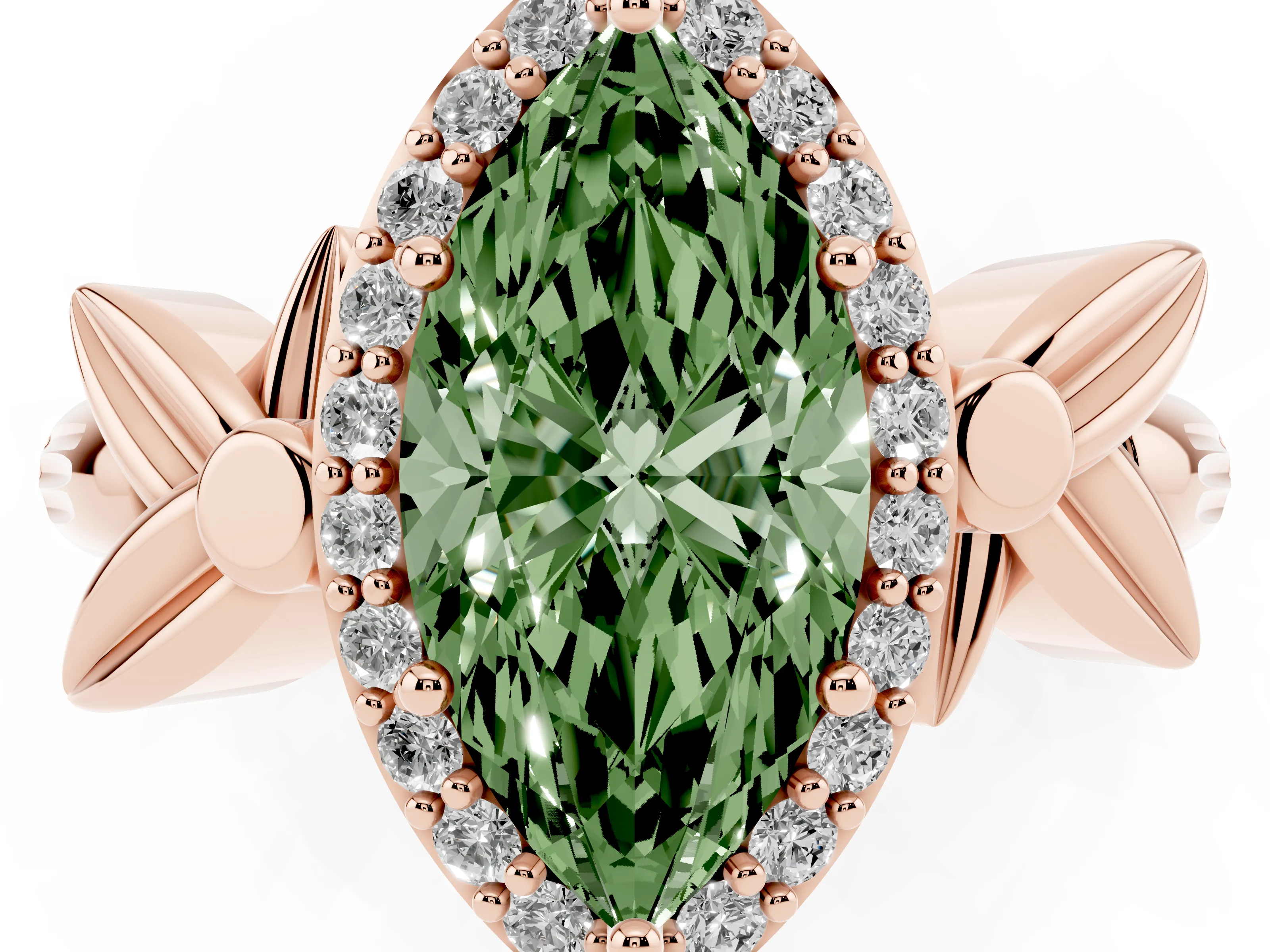 Fancy Green Marquise Cut Diamond Halo Floral Band Ring Set in Rose gold with Prong Setting