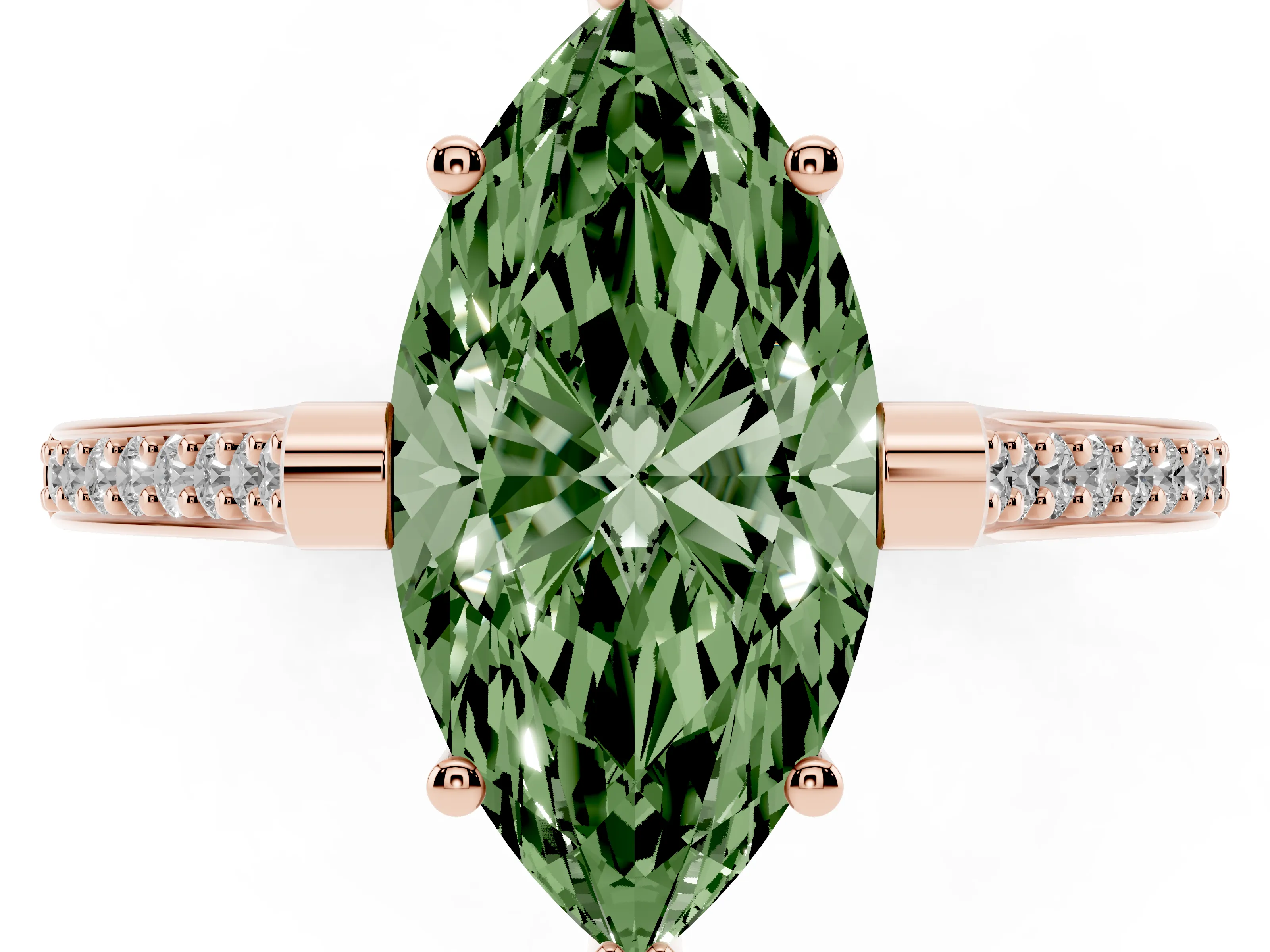Fancy Green Marquise Cut Diamond Solitaire Ring Set in Rose gold with Channel Set Band and Bezel Prong Setting