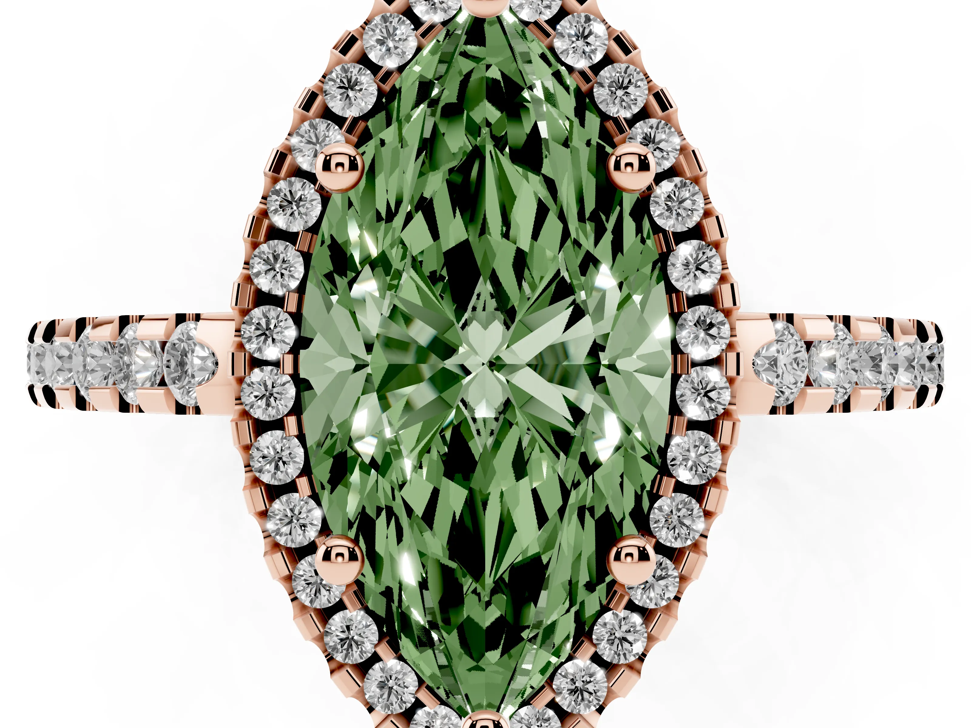 Fancy Green Marquise Cut Diamond Halo Ring Set in Rose gold with Pavé Shoulders and Halo-Framed Center