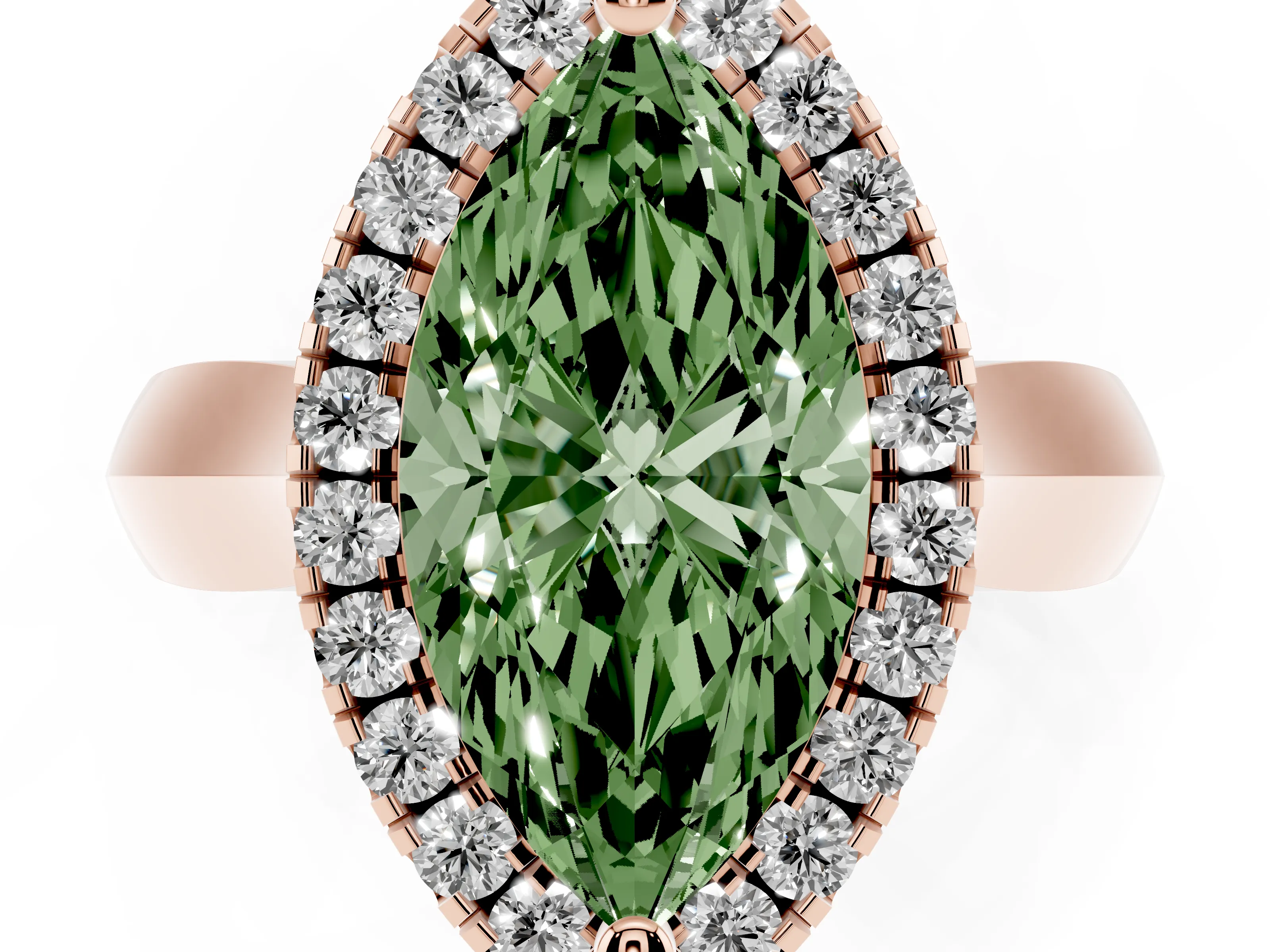 Fancy Green Marquise Cut Diamond Halo Solitaire Engagement Ring Set in Rose gold with Square Band and Prong Setting
