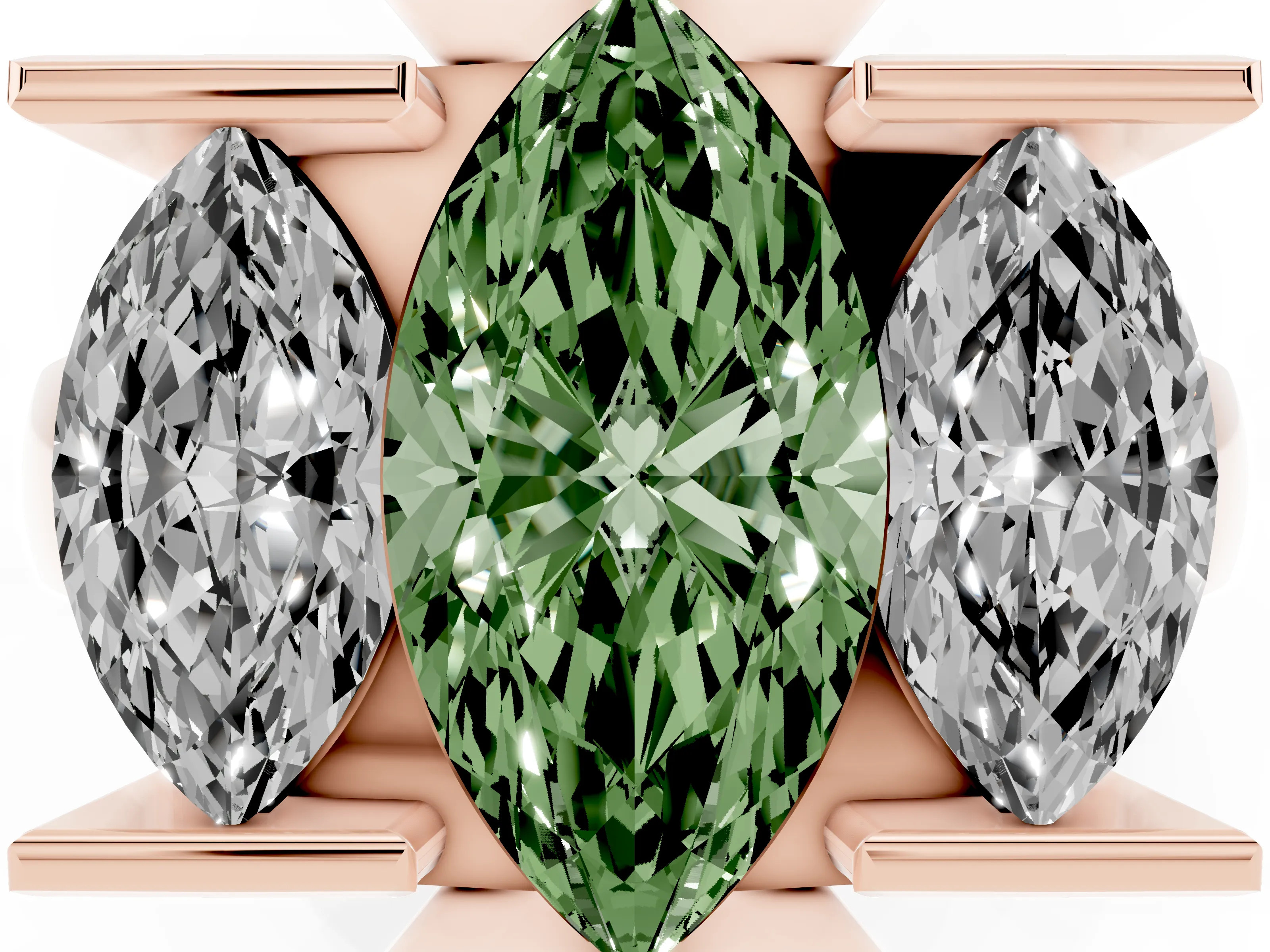 Fancy Green Marquise Cut Diamond Three-Stone Channel Set Ring Set in Rose gold with Smooth Polished Band