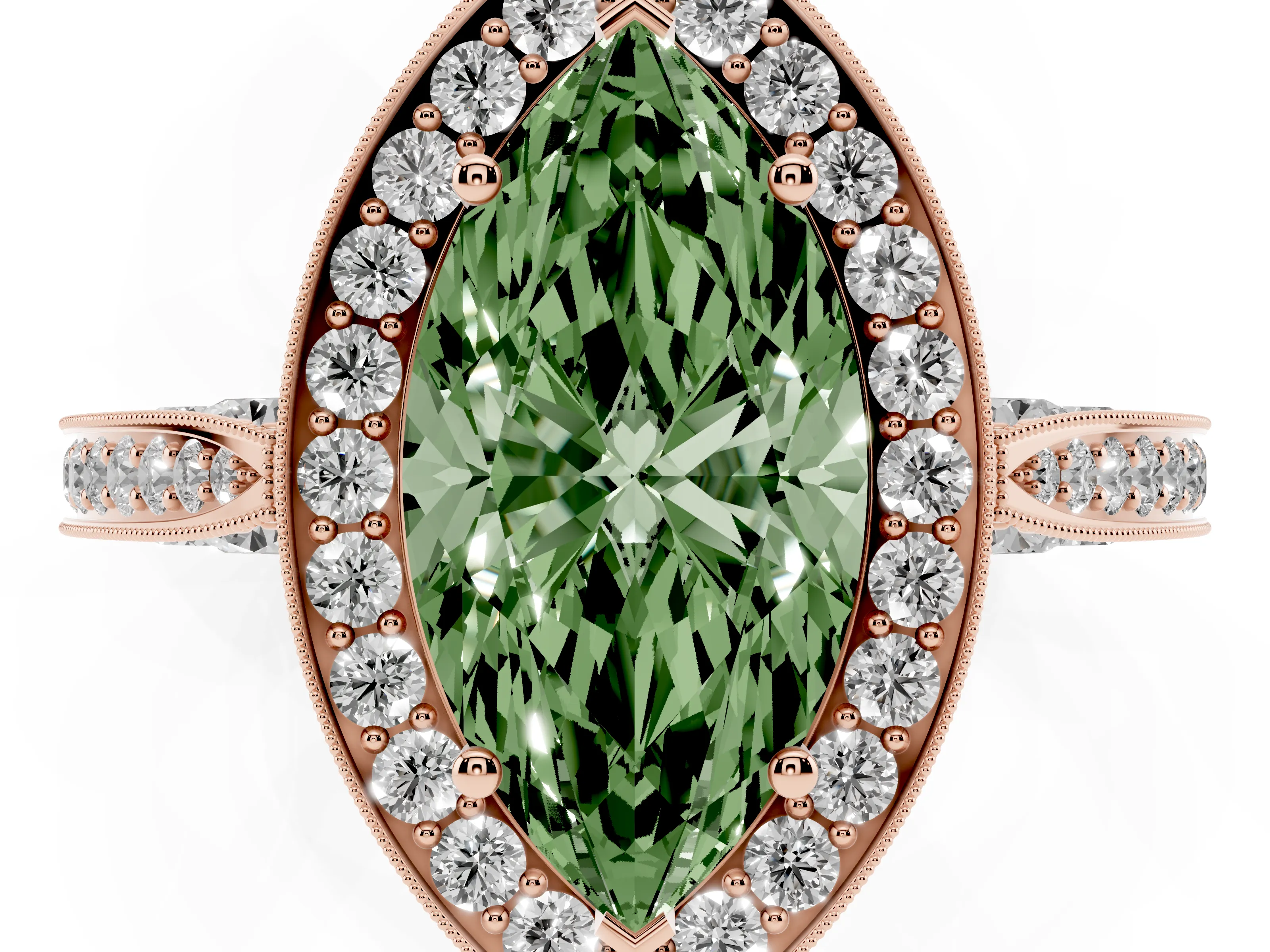 Fancy Green Marquise Cut Diamond Halo Engagement Ring Set in Rose gold with Accent Split Shank Band