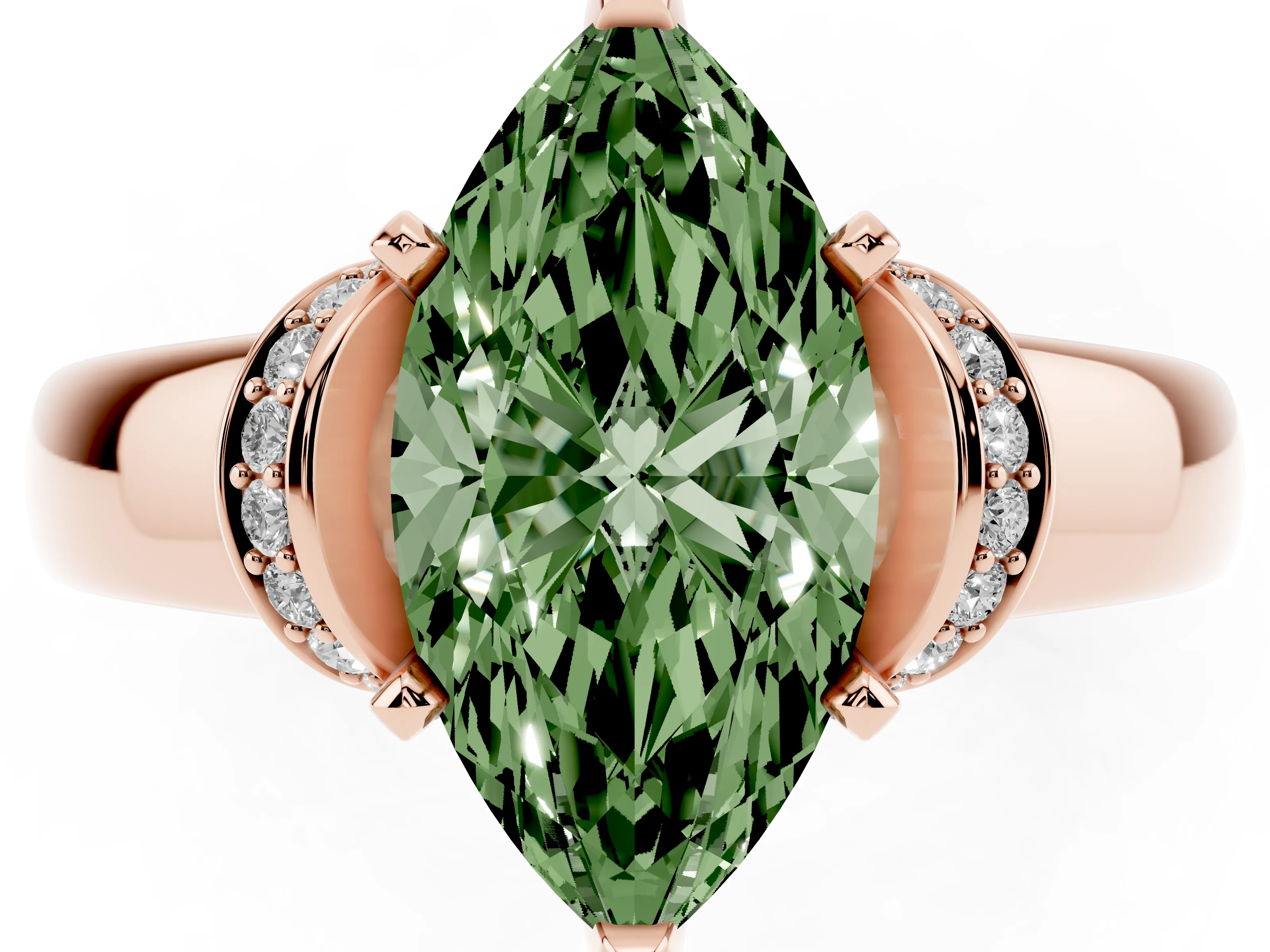 Fancy Green Marquise Cut Diamond Pavé Band Solitaire Ring Set in Rose gold with Prong Setting