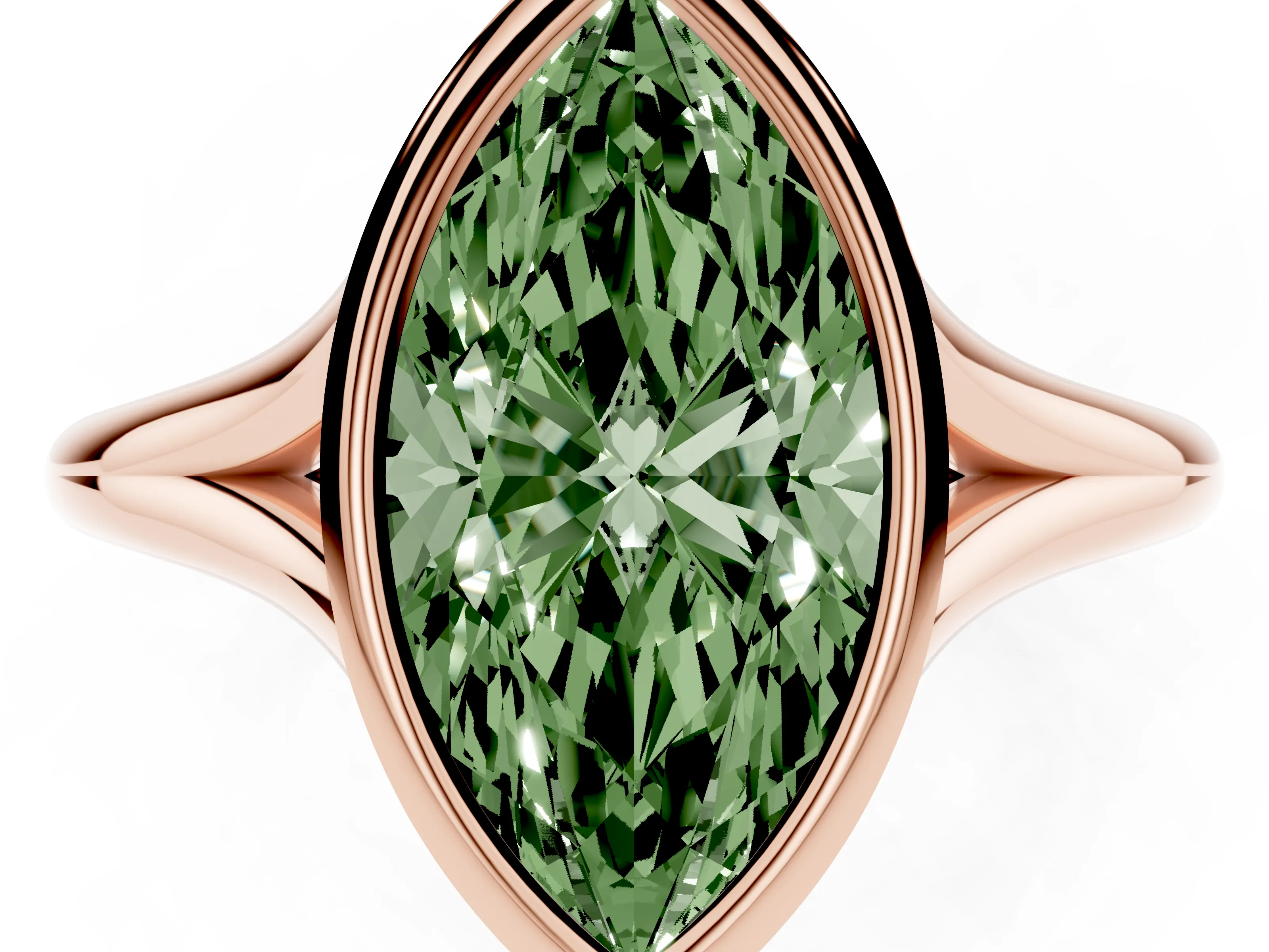 Fancy Green Bezel Set Marquise Cut Diamond Solitaire Ring Set in Rose gold with Tapered Band