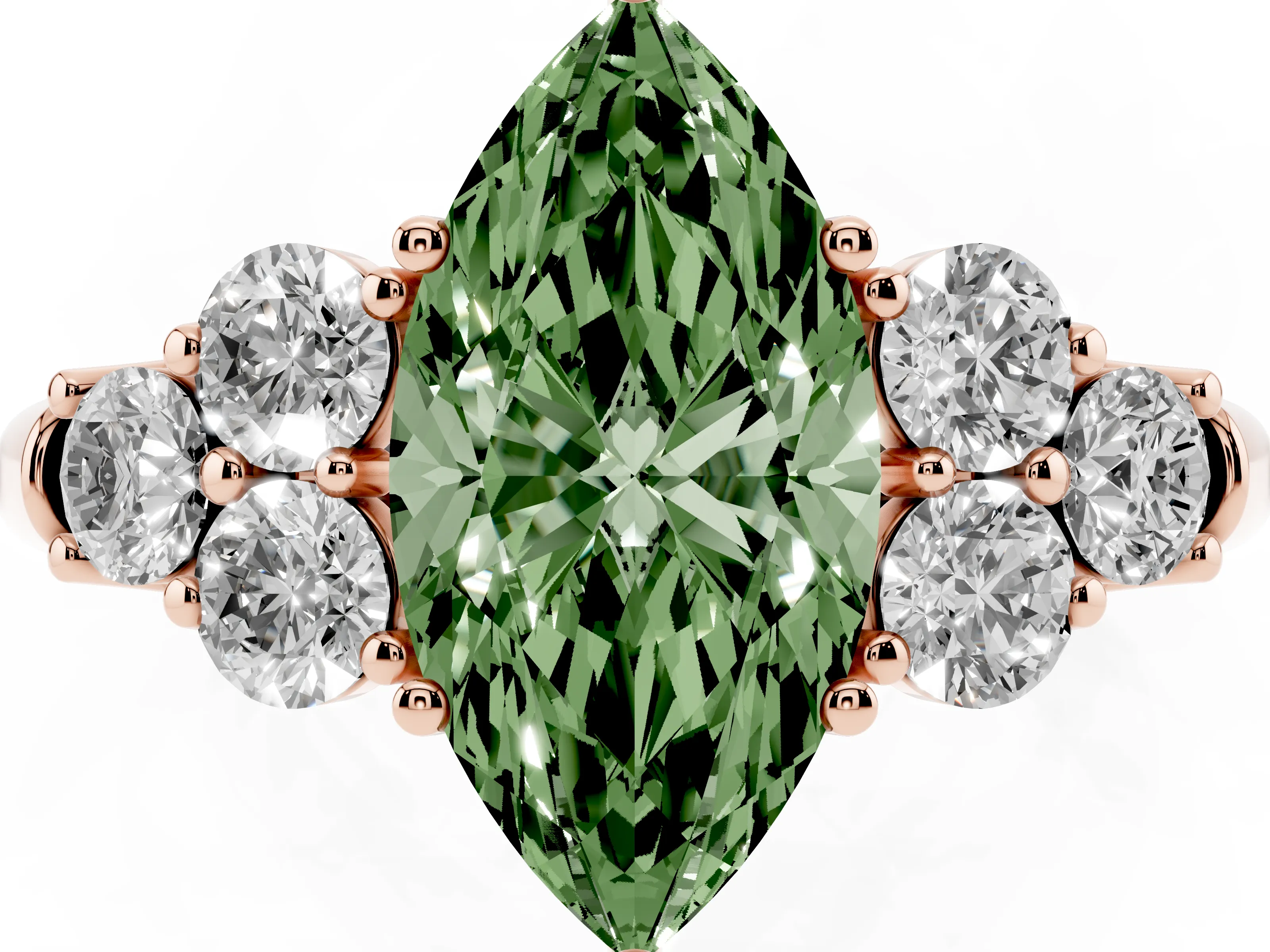 Fancy Green Marquise Cut Diamond Cluster Ring Set in Rose gold with Round Accent Stones and Prong Setting on a Plain Band