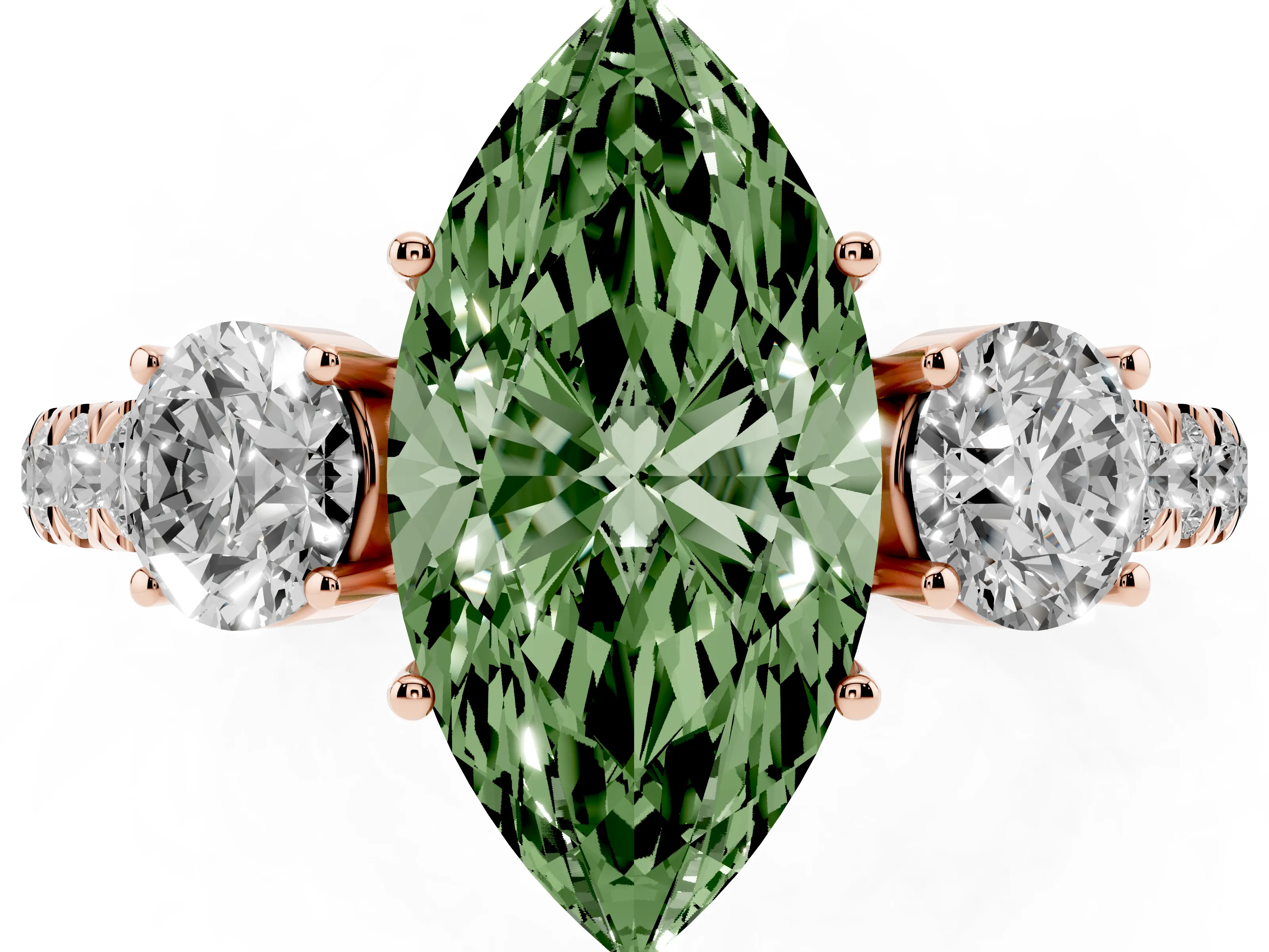 Fancy Green Marquise Cut Diamond Three-Stone Ring Set in Rose gold with Round Side Stones and Delicate Pavé Band