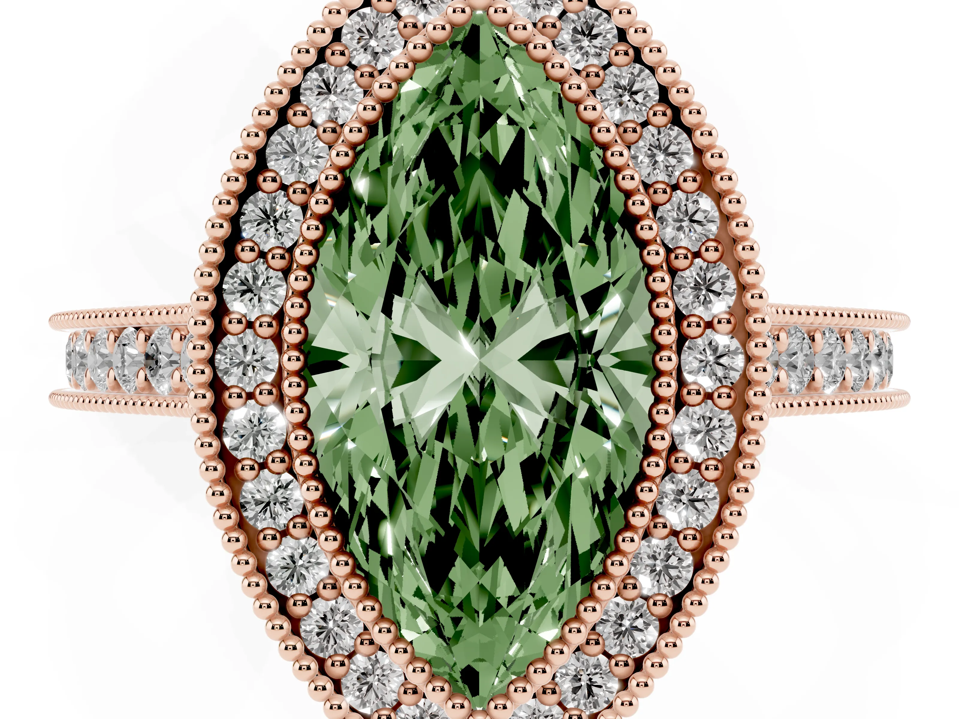 Fancy Green Marquise Cut Diamond Halo Milgrain Pavé Band Ring Set in Rose gold with Prong Setting