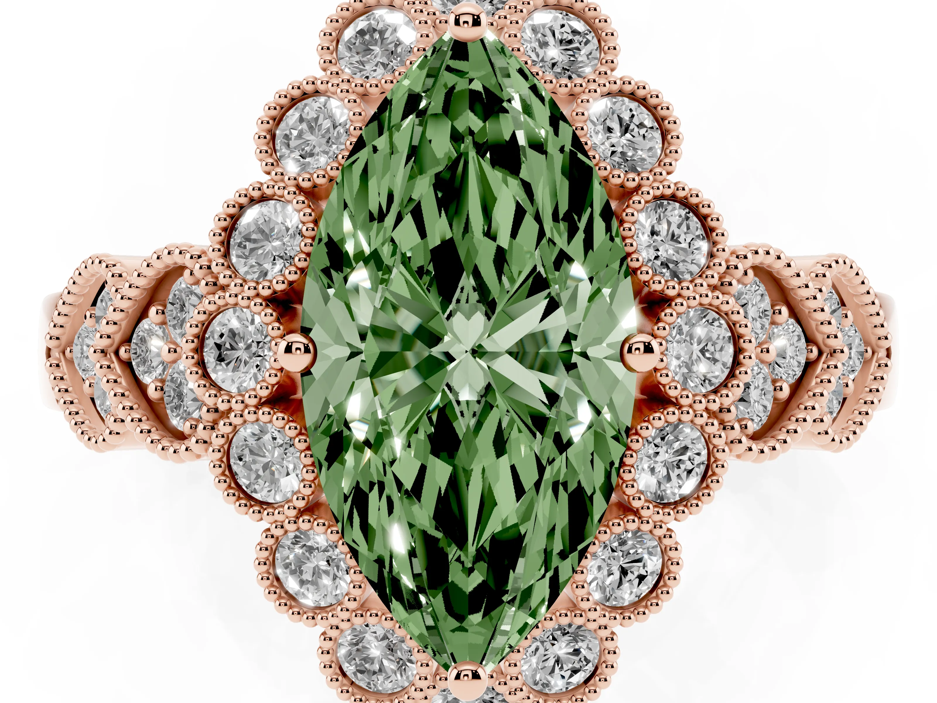 Fancy Green Marquise Cut Diamond Solitaire Ring Set in Rose gold with Milgrain Pavé Heart Band