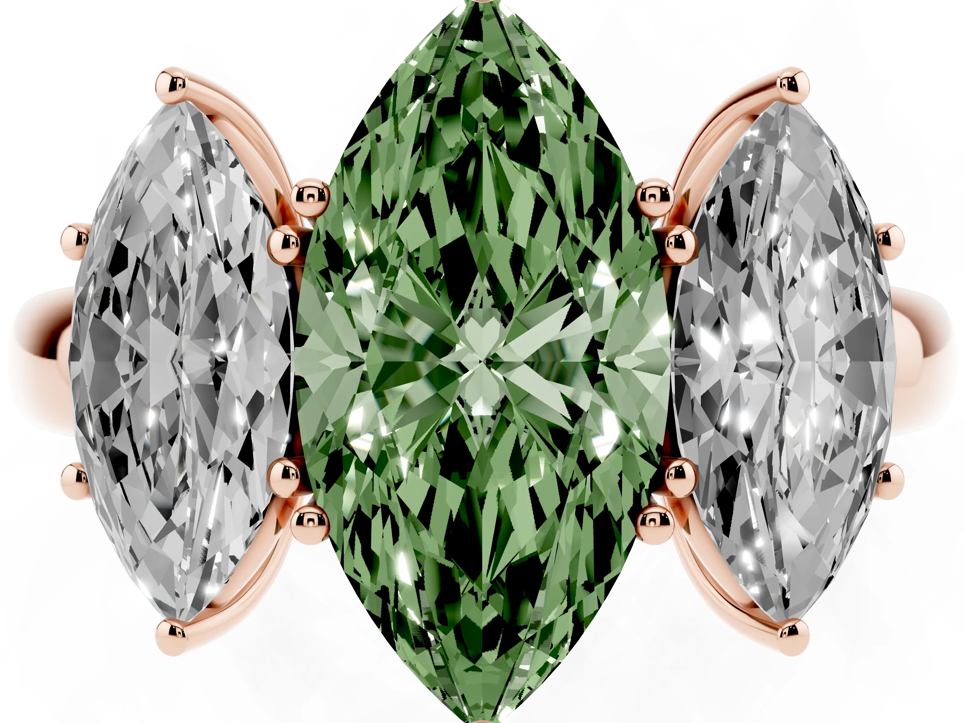 Fancy Green Marquise Cut Diamond Three-Stone Ring Set in Rose gold with Bold Center and Classic Band