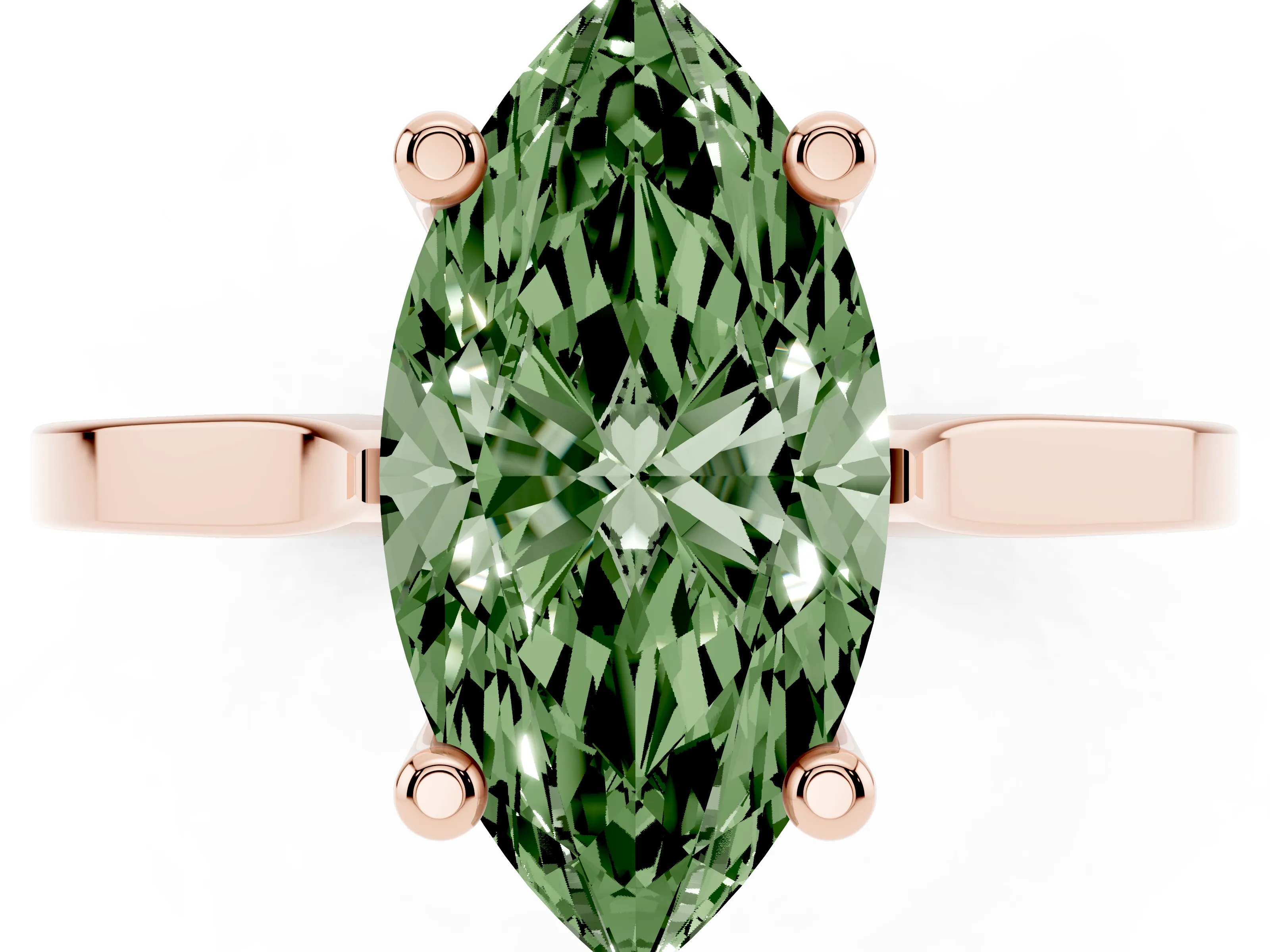 Fancy Green Marquise Cut Diamond Solitaire Ring Set in Rose gold with Prong Setting and Tapered Band