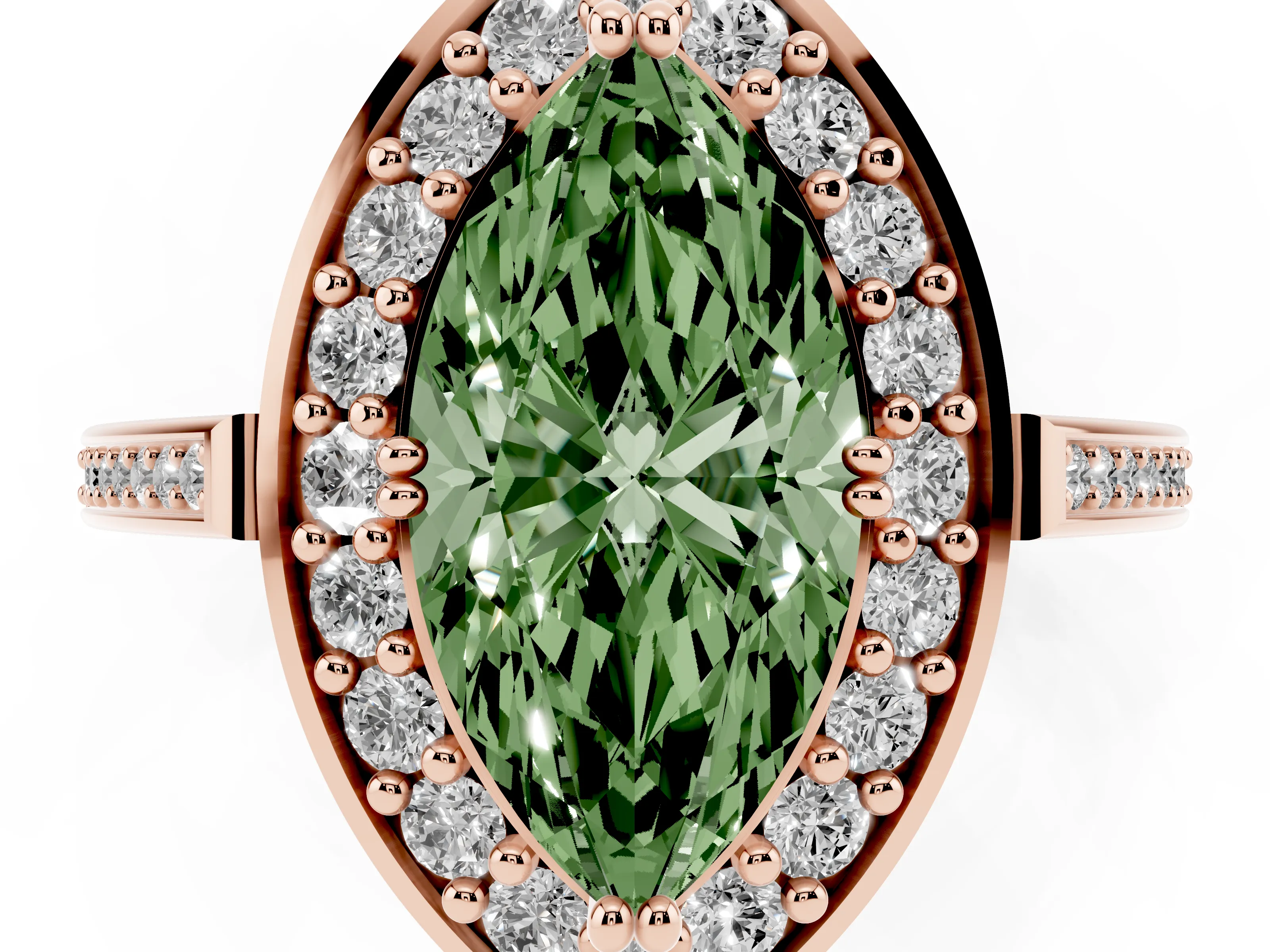 Fancy Green Marquise Cut Diamond Halo Ring Set in Rose gold with Accent-Lined Split Shank and Prong Setting