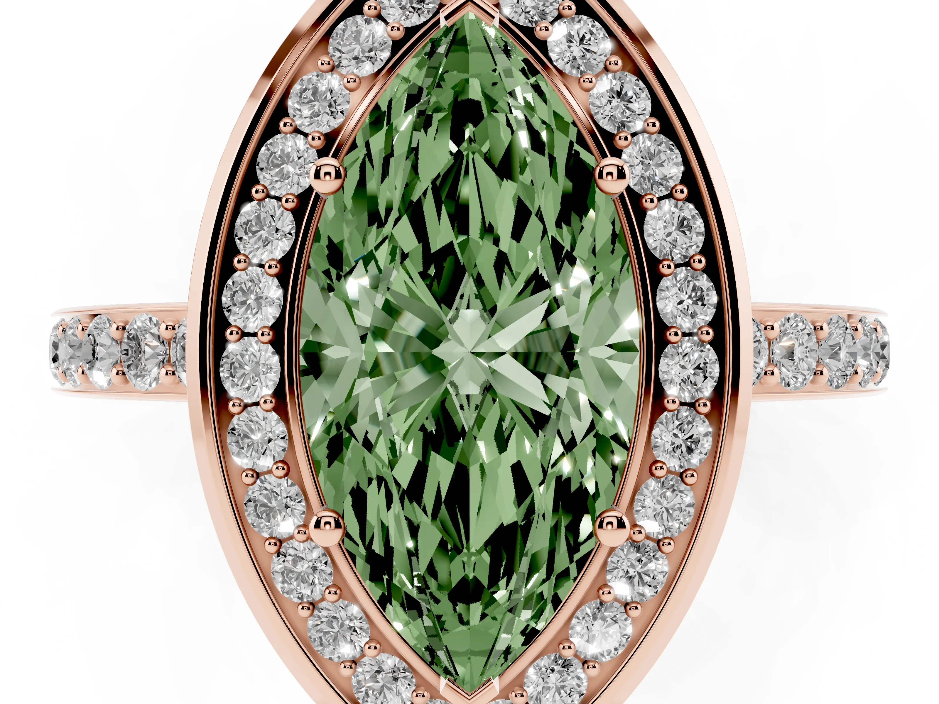 Fancy Green Marquise Cut Diamond Halo Ring Set in Rose gold with Bezel Frame and Pavé Band