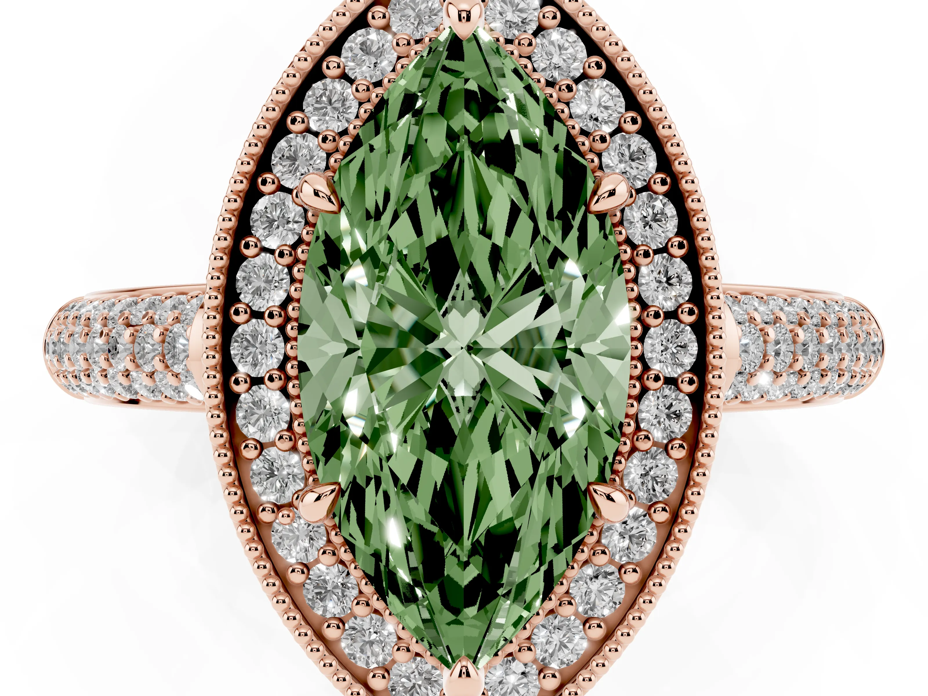 Fancy Green Marquise Cut Diamond Halo Pavé Band Set in Rose gold with Prong Setting