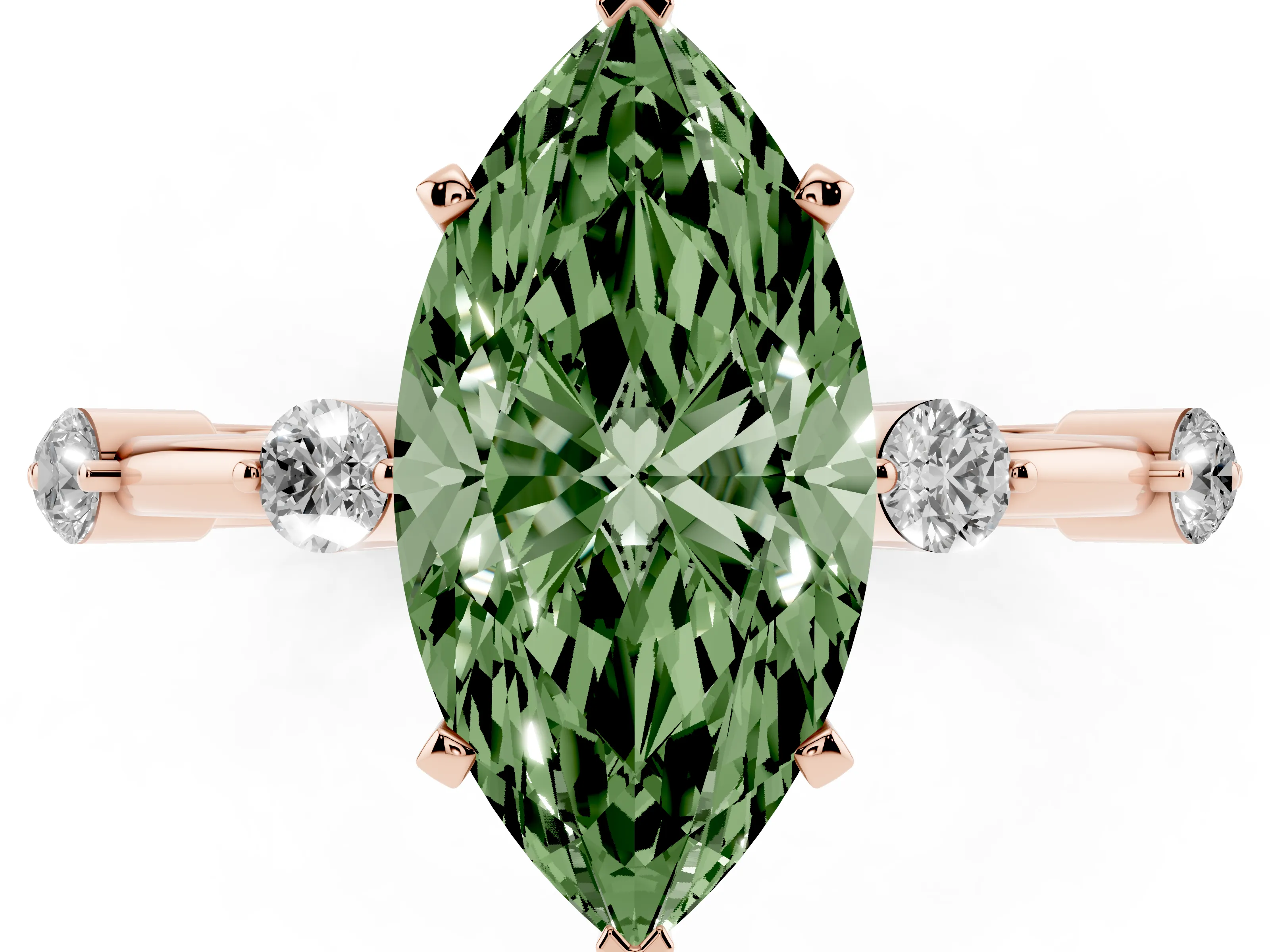 Fancy Green Marquise Cut Diamond Solitaire Ring Set in Rose gold with Bezel Set Side Stones and Prong Setting