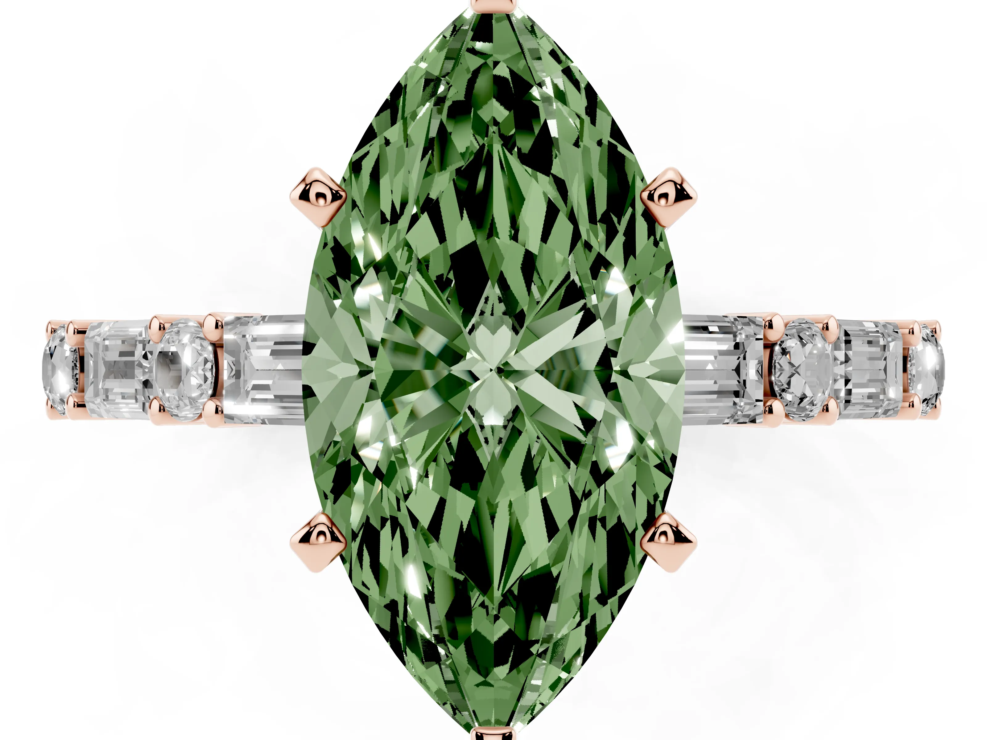 Fancy Green Marquise Cut Diamond Solitaire Set in Rose gold with Side Baguettes and Channel Set Band