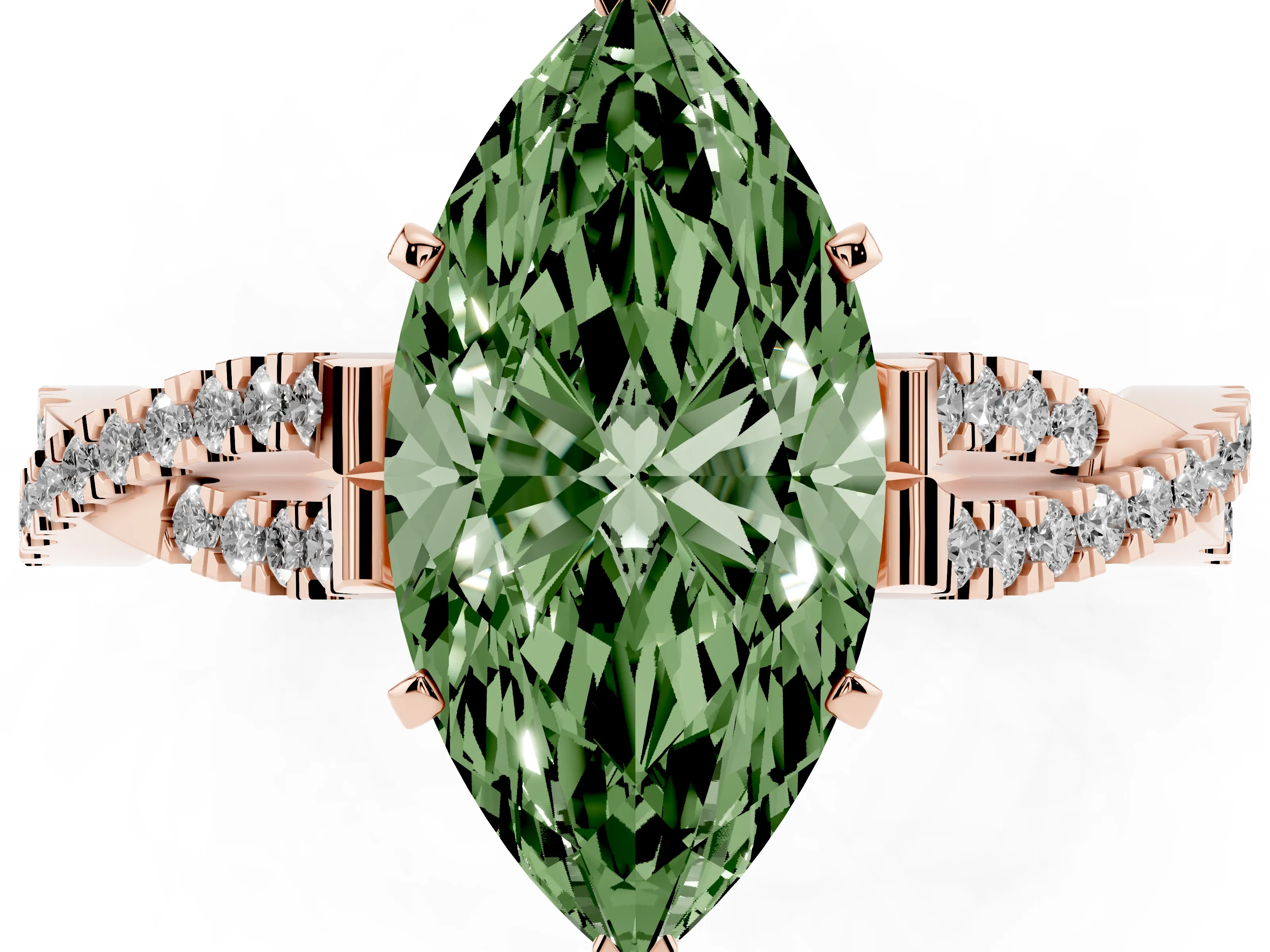 Fancy Green Marquise Cut Diamond Solitaire Engagement Ring Set in Rose gold with Twisted Pavé Band and Prong Setting