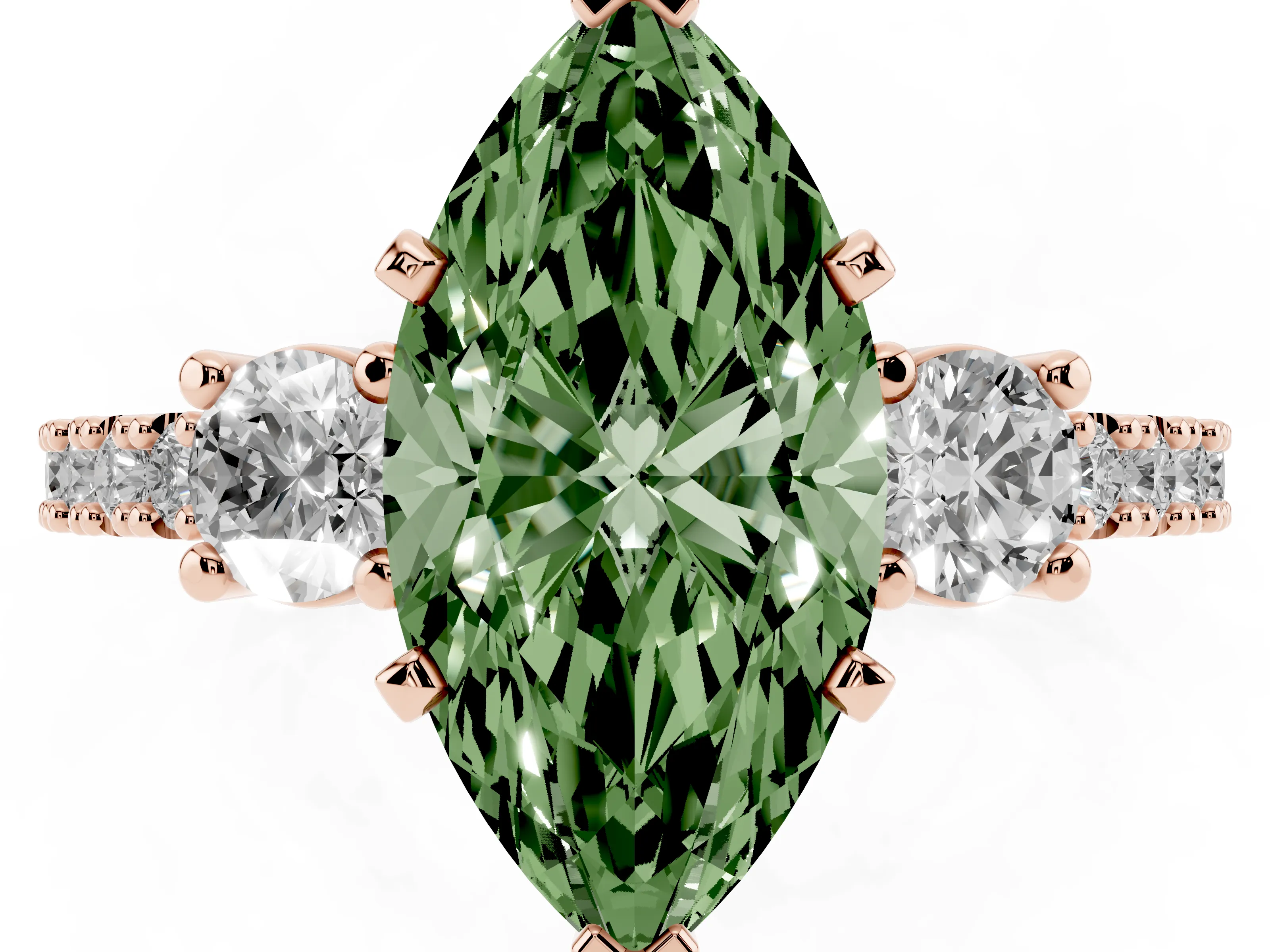 Fancy Green Three-Stone Marquise Cut Diamond Pavé Band Ring Set in Rose gold with Prong Setting