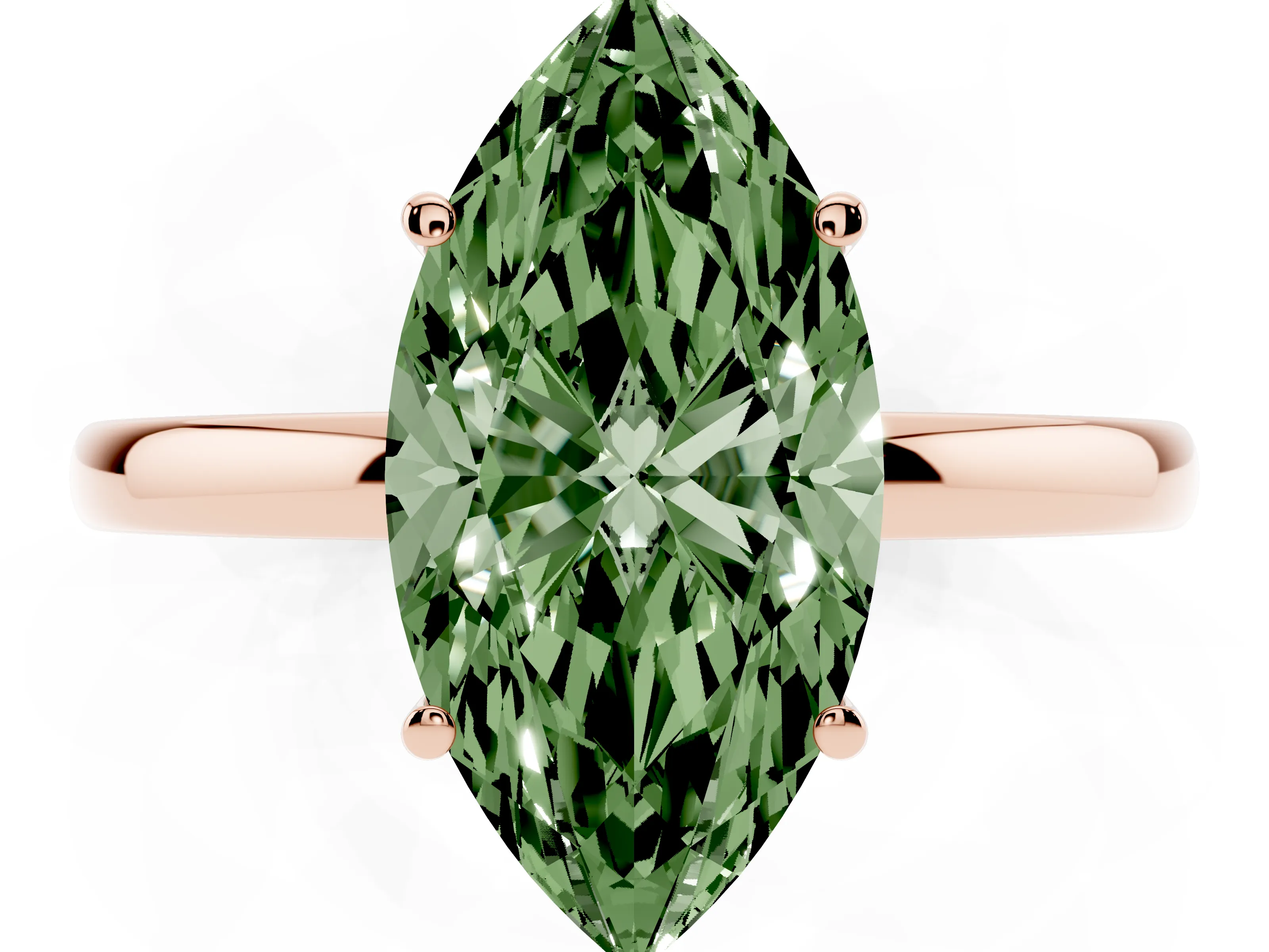 Fancy Green Marquise Cut Diamond Solitaire Ring Set in Rose gold with Plain Band and Prong Setting