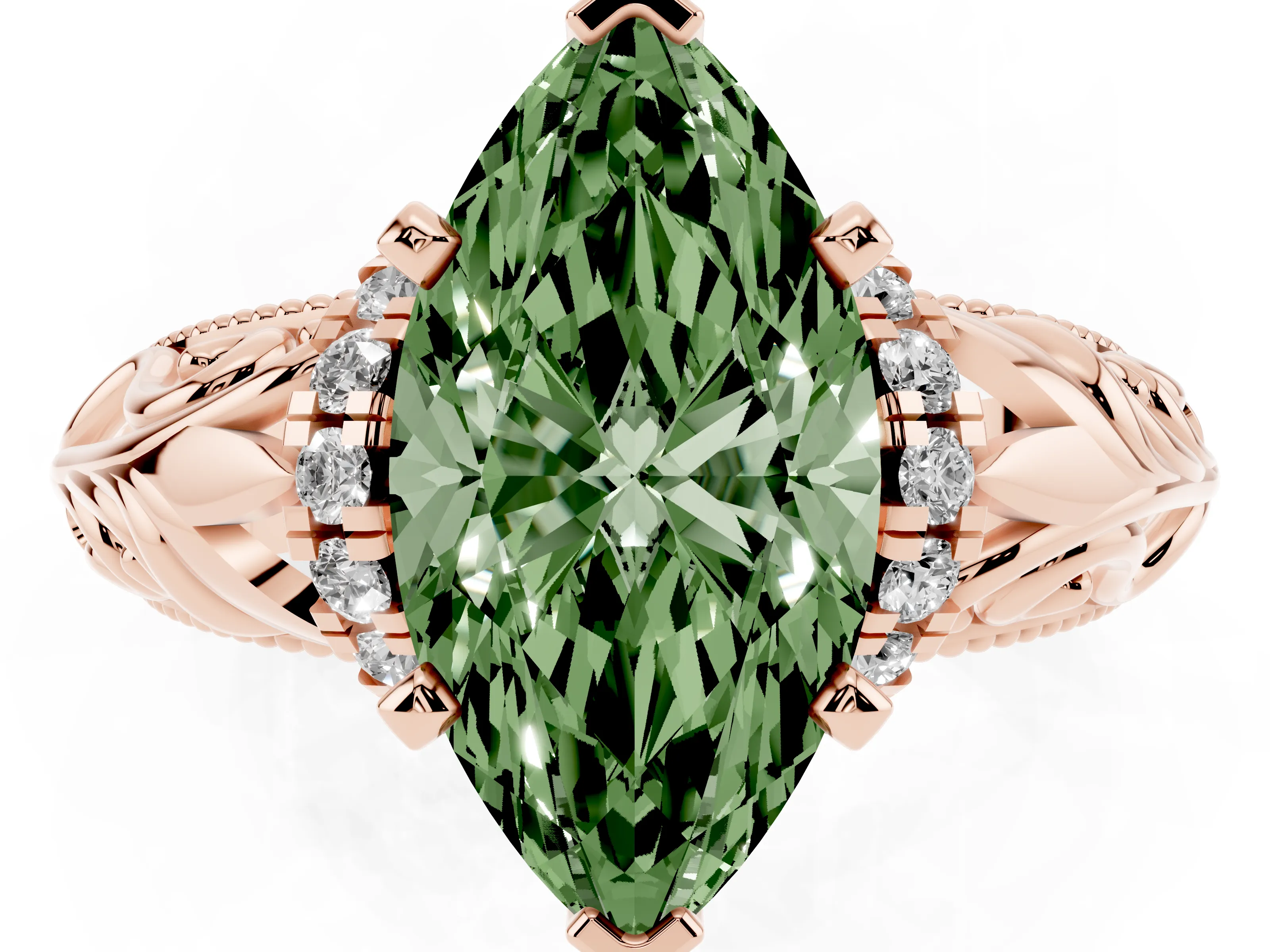Fancy Green Marquise Cut Diamond Filigree Halo Engagement Ring Set in Rose gold with Prong Setting