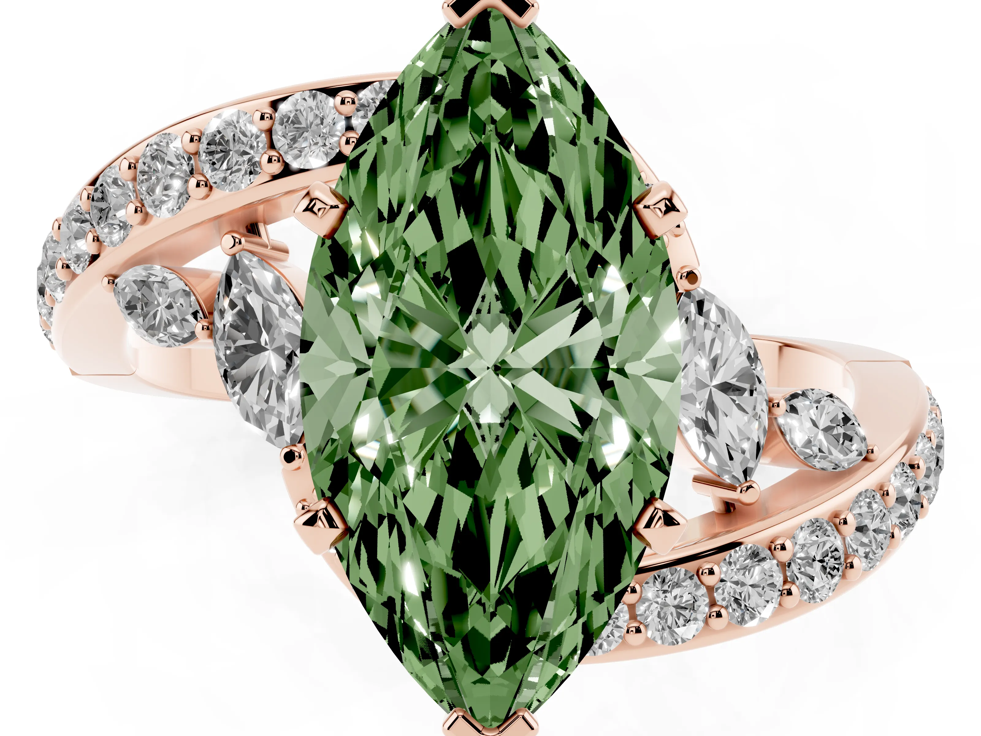 Fancy Green Marquise Cut Diamond Solitaire Ring Set in Rose gold with Pavé Twist Band and Secure Prong Setting