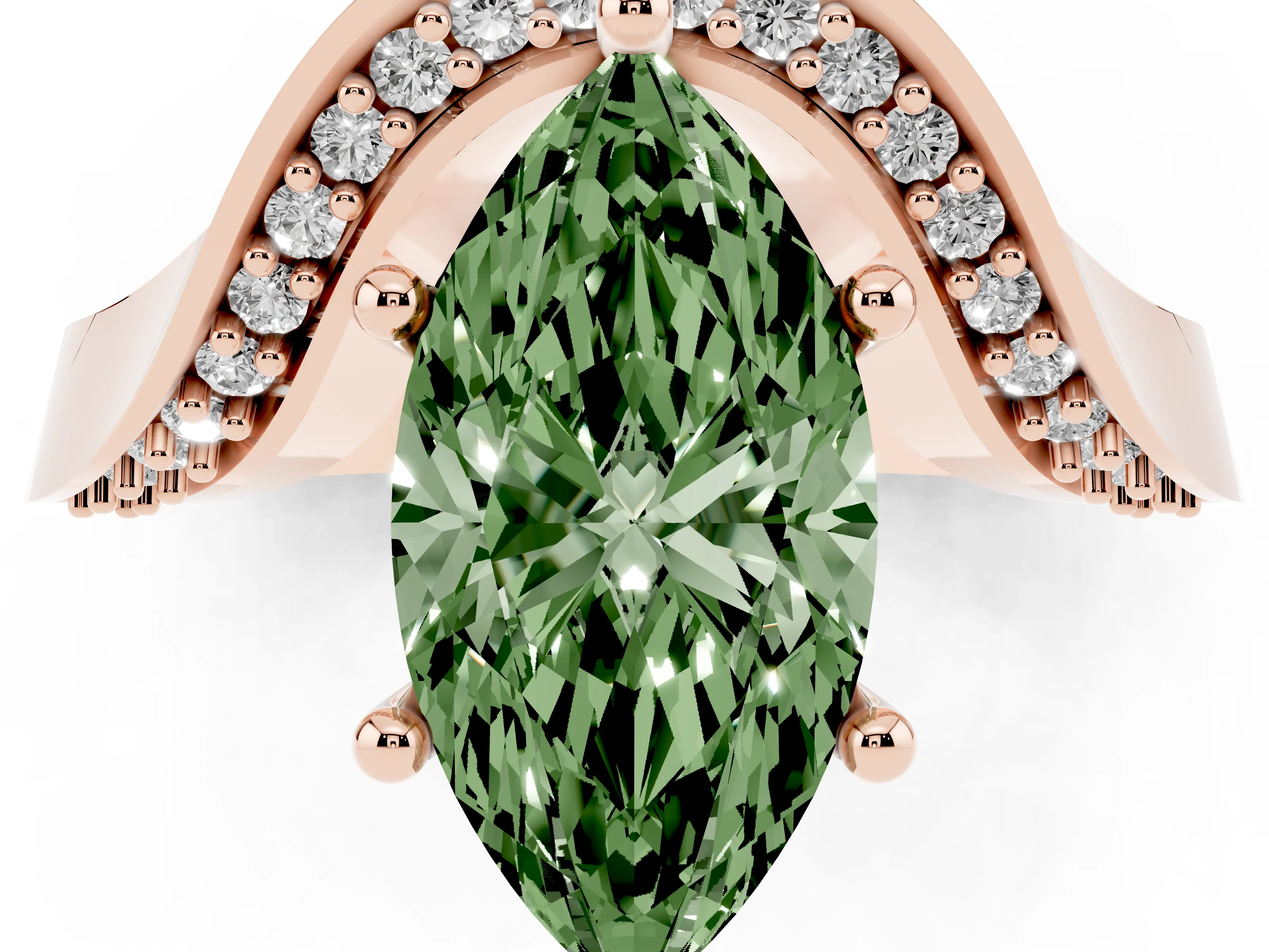 Fancy Green Marquise Cut Diamond Solitaire Engagement Ring Set in Rose gold with Pavé Shoulders