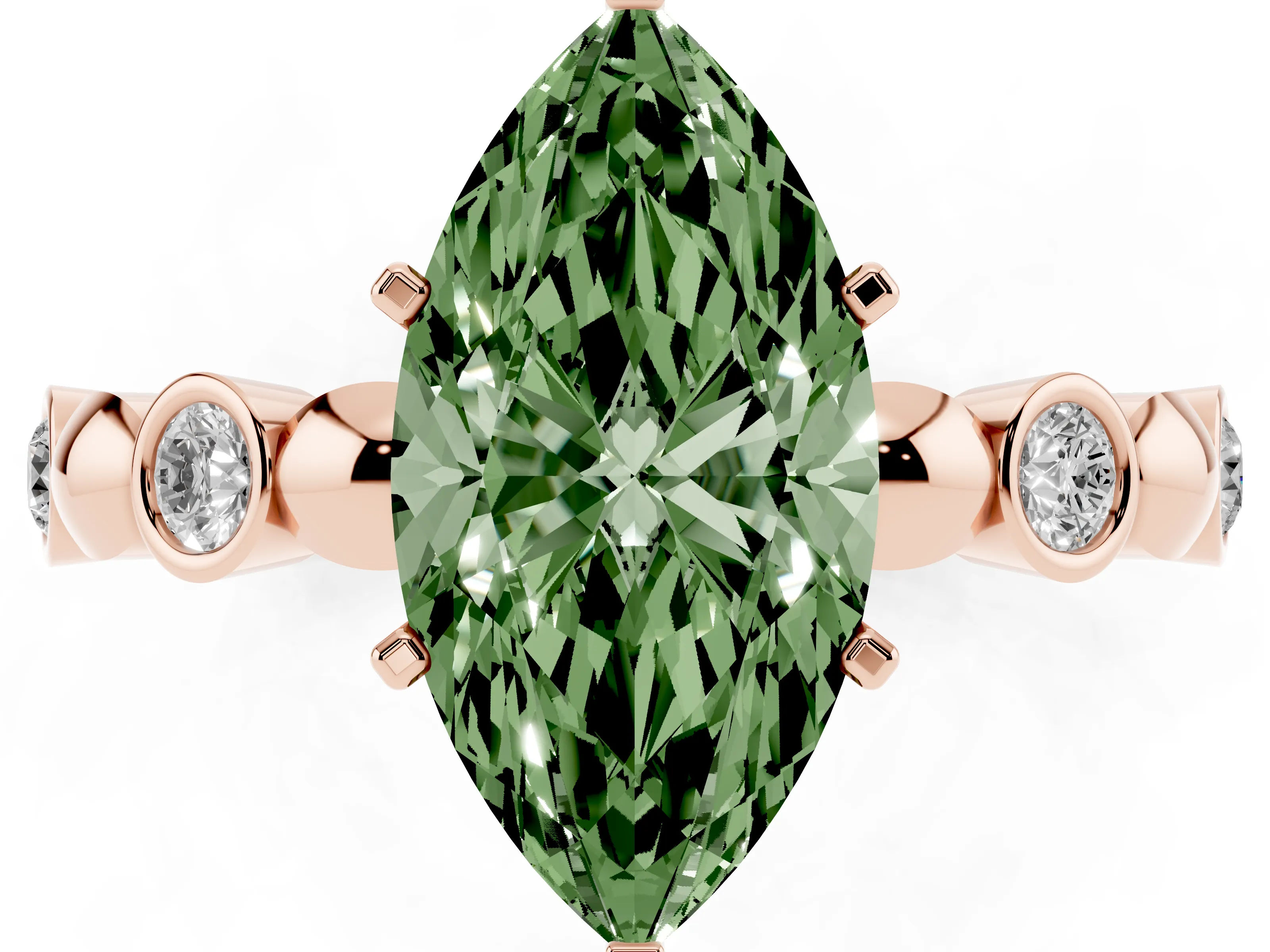 Fancy Green Marquise Cut Diamond Solitaire Ring Set in Rose gold with Bezel-Set Accents on Beaded Band and Prong Setting