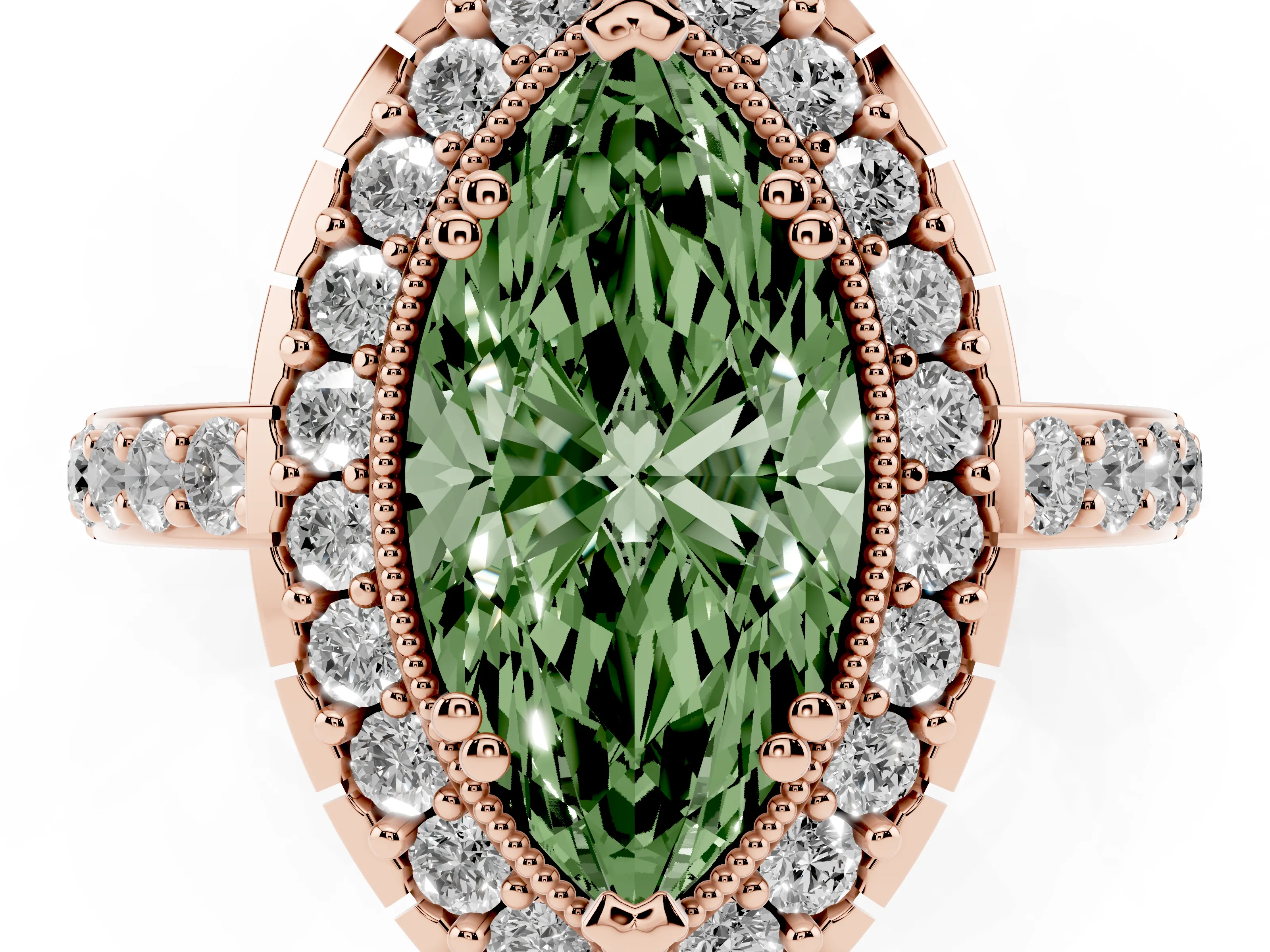 Fancy Green Marquise Cut Diamond Halo Ring Set in Rose gold with Pavé Shank and Prong Setting