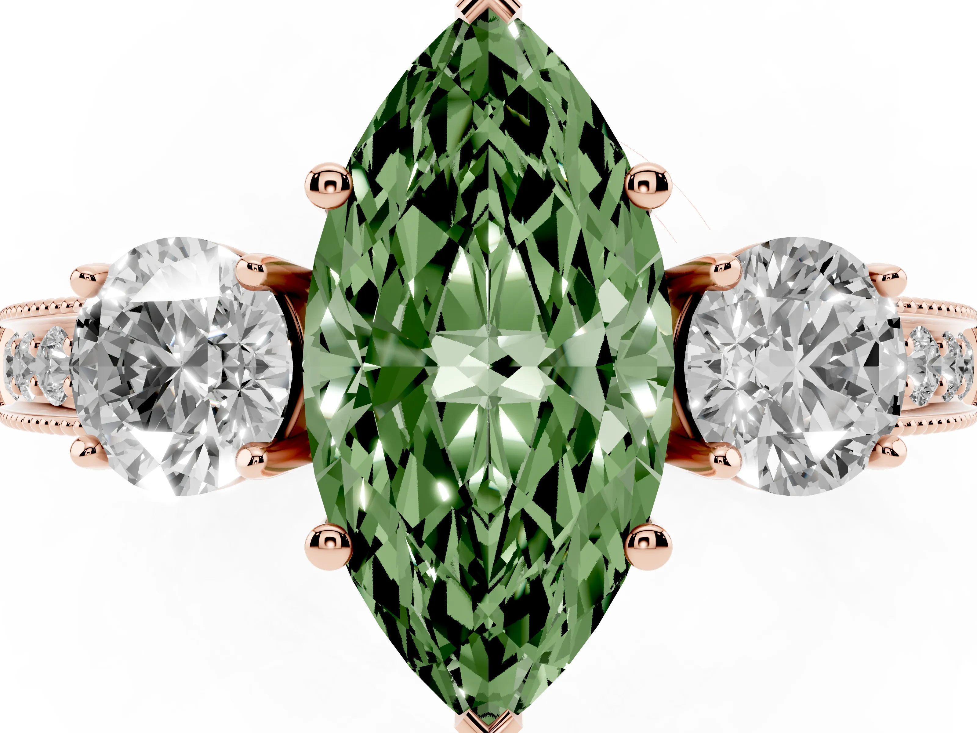 Fancy Green Marquise Cut Diamond Three-Stone Ring Set in Rose gold with Round Side Stones and Pavé Band