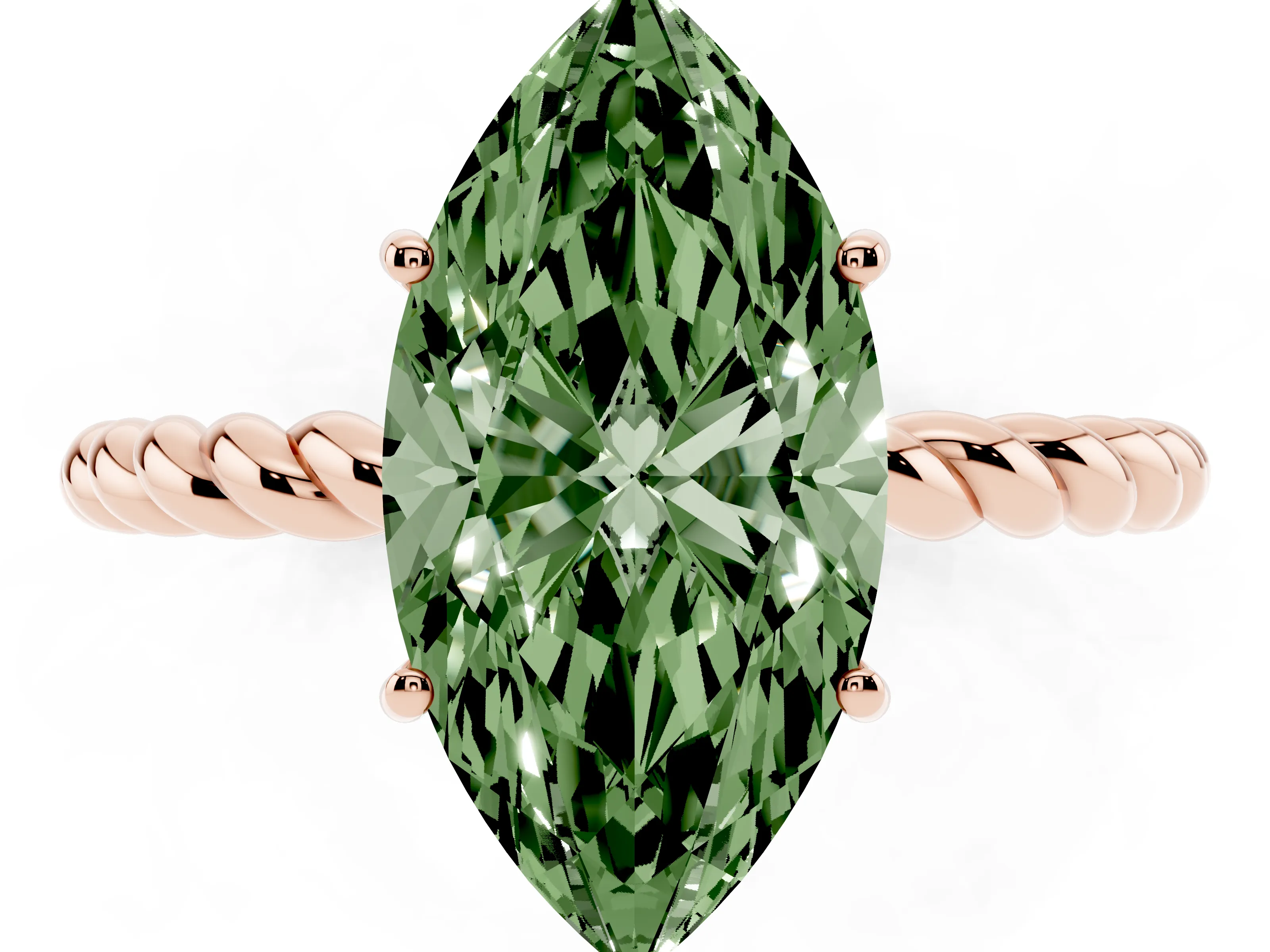 Fancy Green Marquise Cut Diamond Solitaire Ring Set in Rose gold with Twist Band and Prong Setting