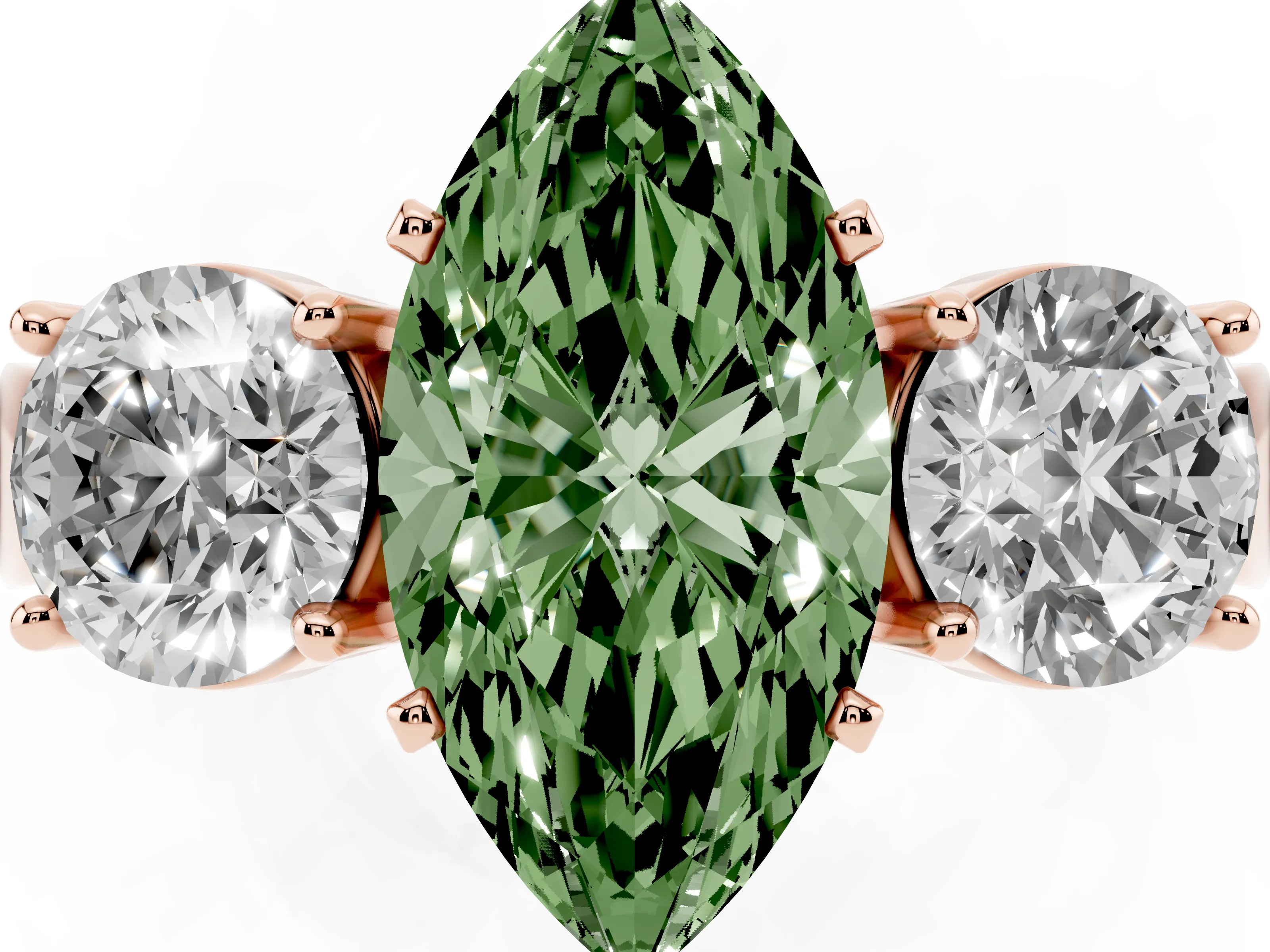 Fancy Green Marquise Cut Diamond Three-Stone Ring Set in Rose gold with Round Side Stones and Classic Band