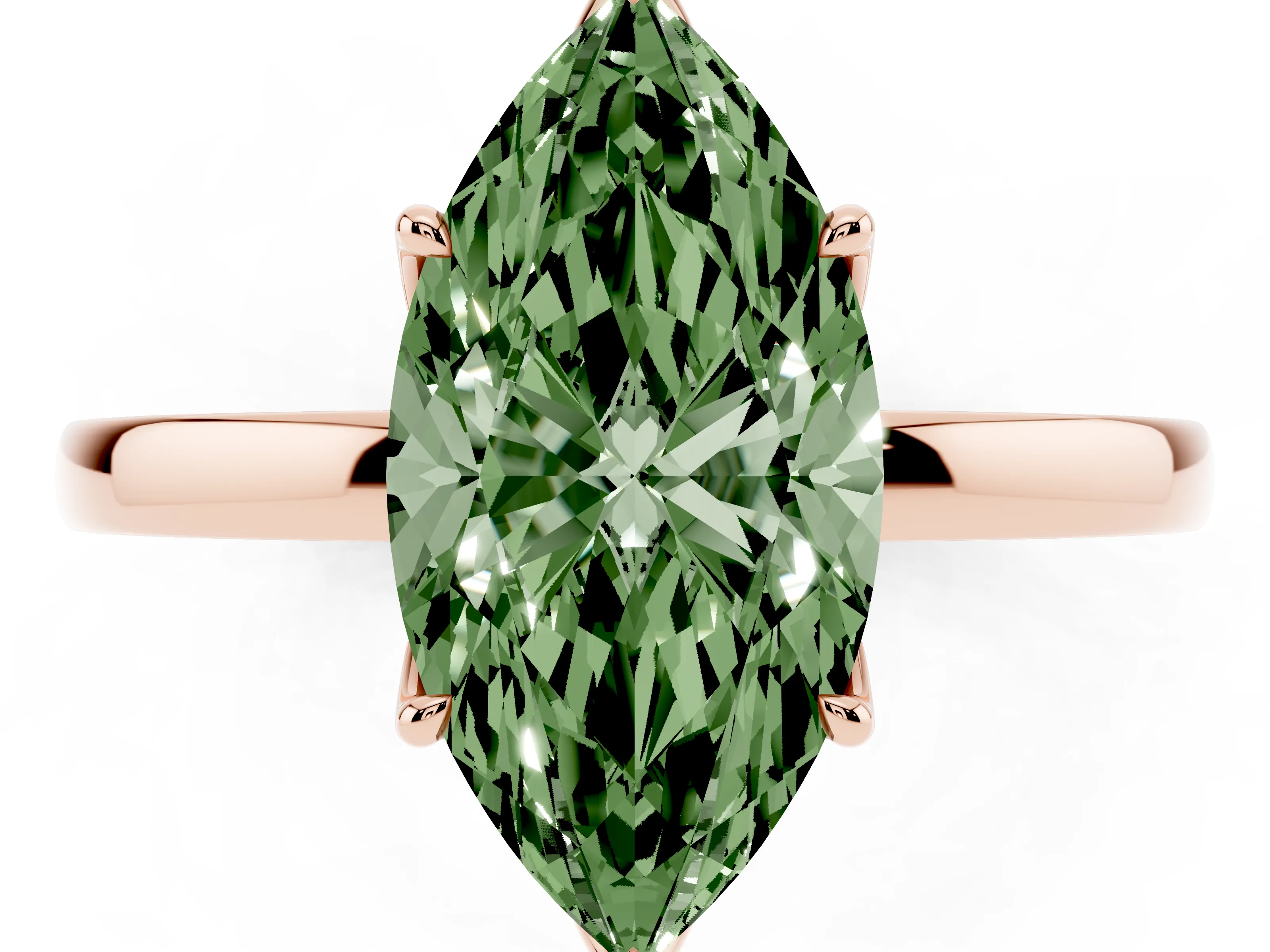 Fancy Green Marquise Cut Diamond Solitaire Ring Set in Rose gold with Prong Setting and Thin Polished Band