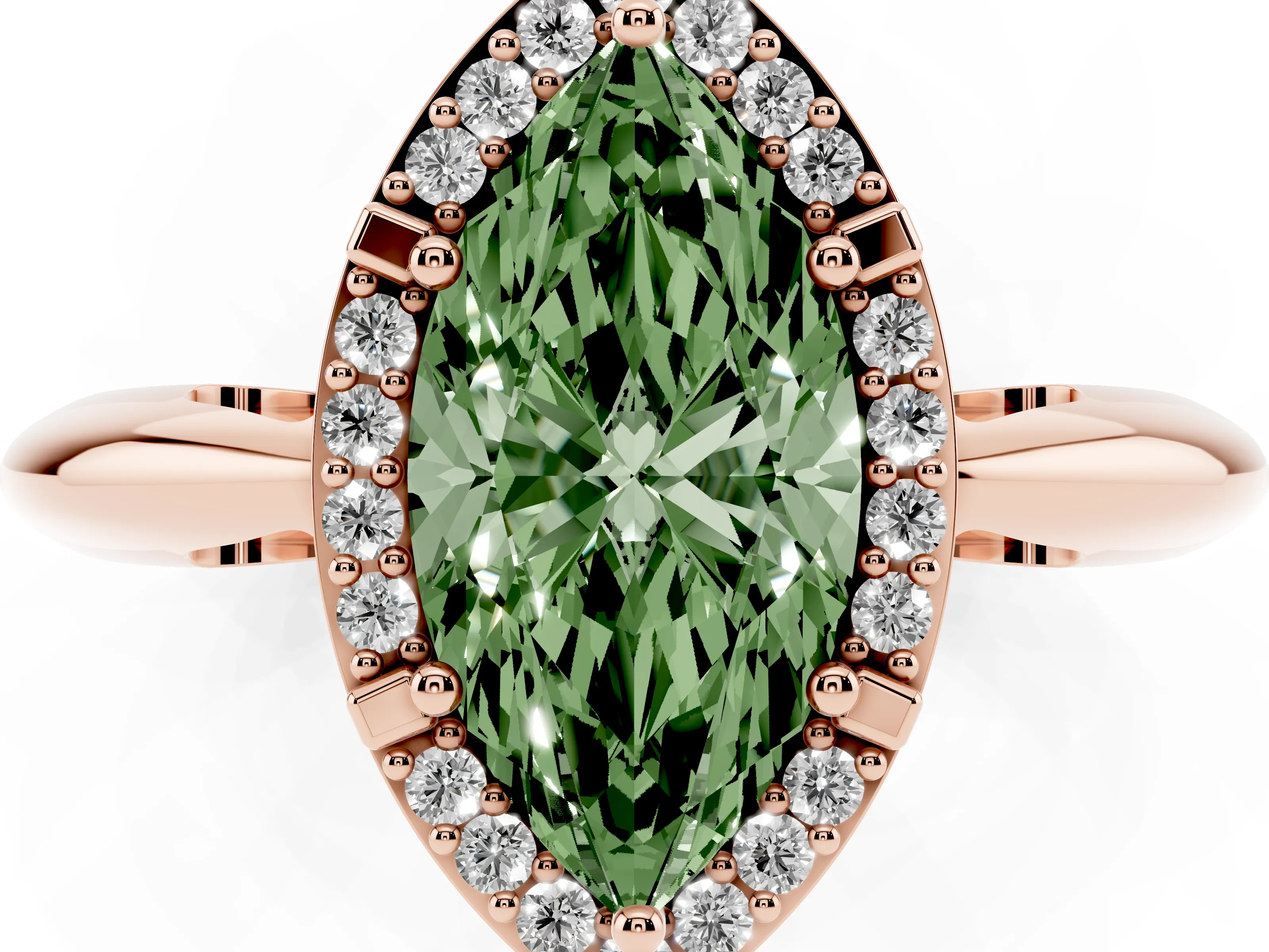 Fancy Green Marquise Cut Diamond Halo Engagement Ring Set in Rose gold with Plain Split Shank and Prong Setting