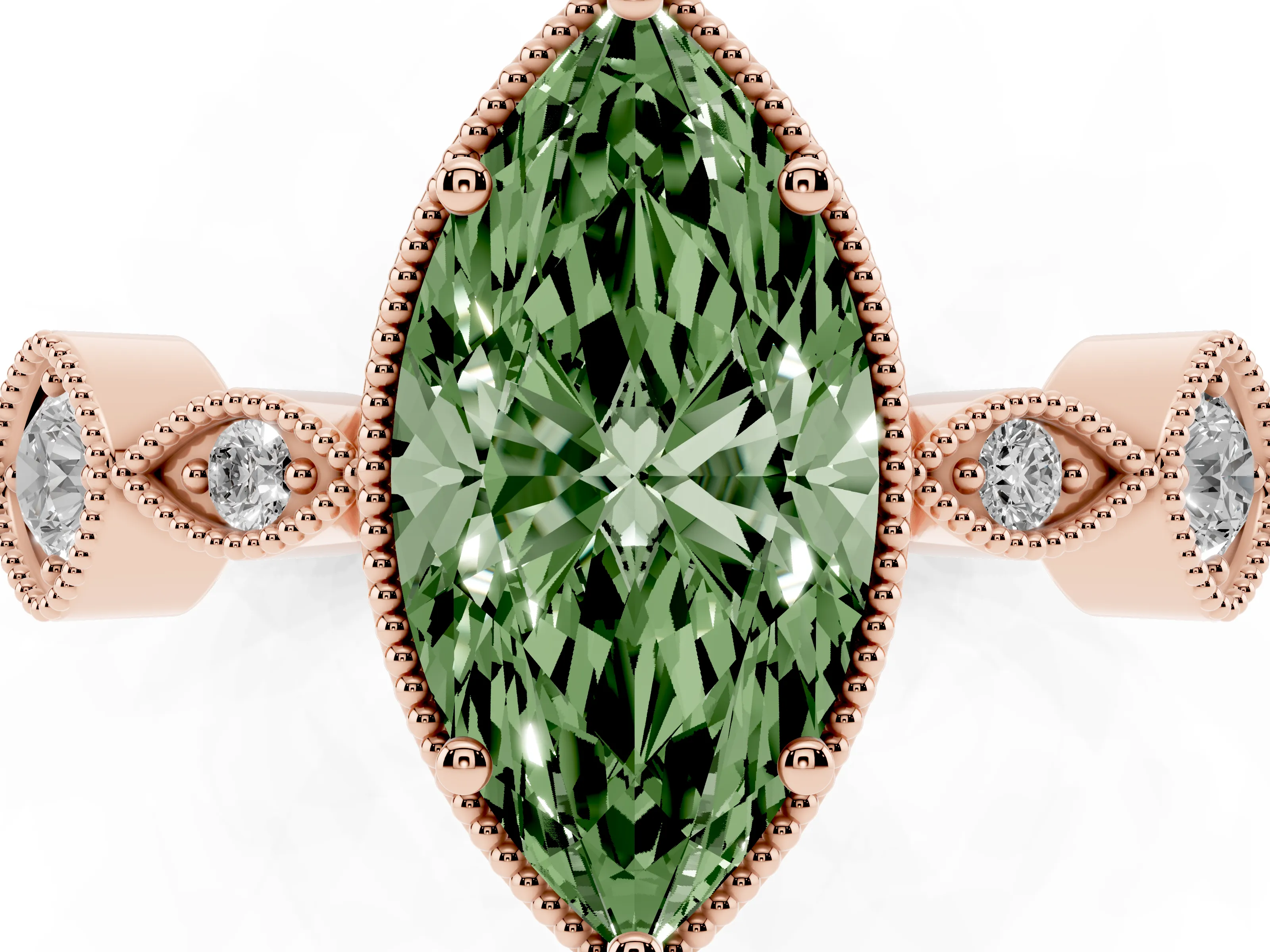 Fancy Green Marquise Cut Diamond Vintage-Inspired Milgrain Ring Set in Rose gold with Marquise Stations of Round Accents