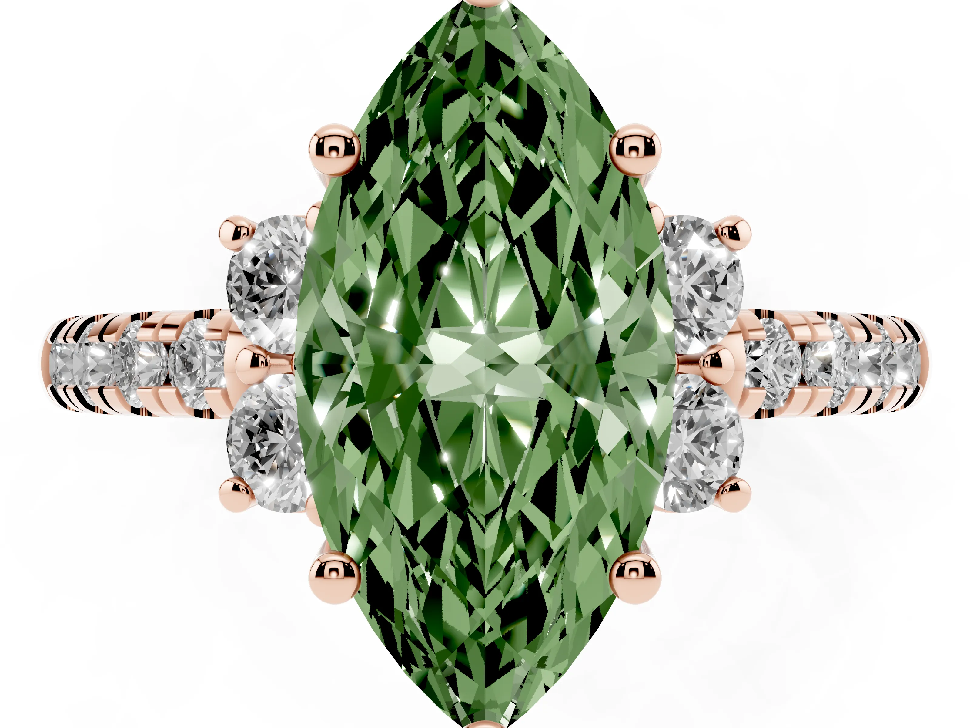Fancy Green Marquise Cut Diamond Three-Stone Pavé Ring Set in Rose gold with Prong Setting