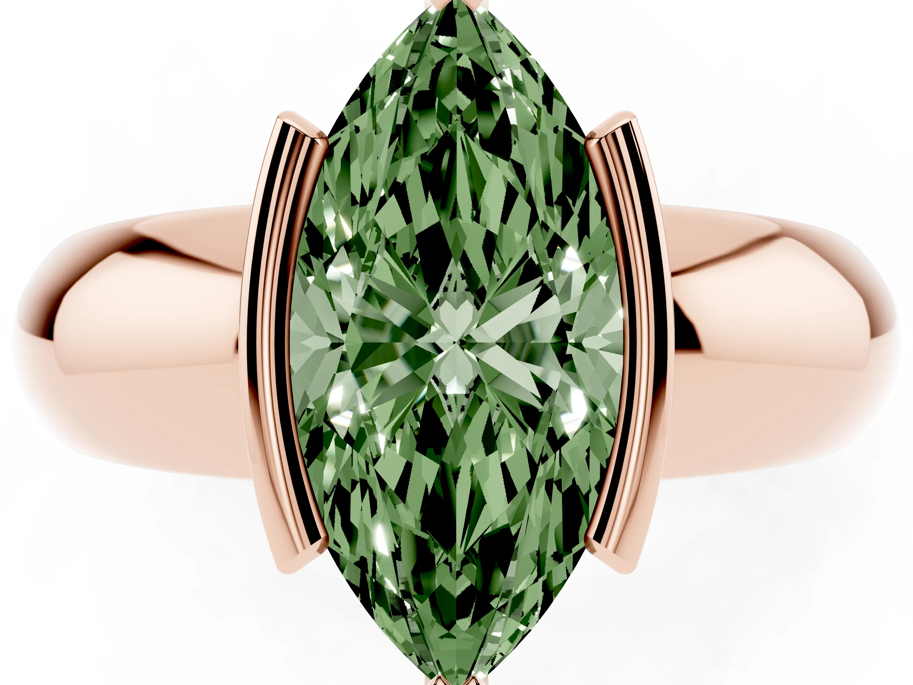 Fancy Green Marquise Cut Diamond Solitaire Tension Set Ring Set in Rose gold with Wide Band