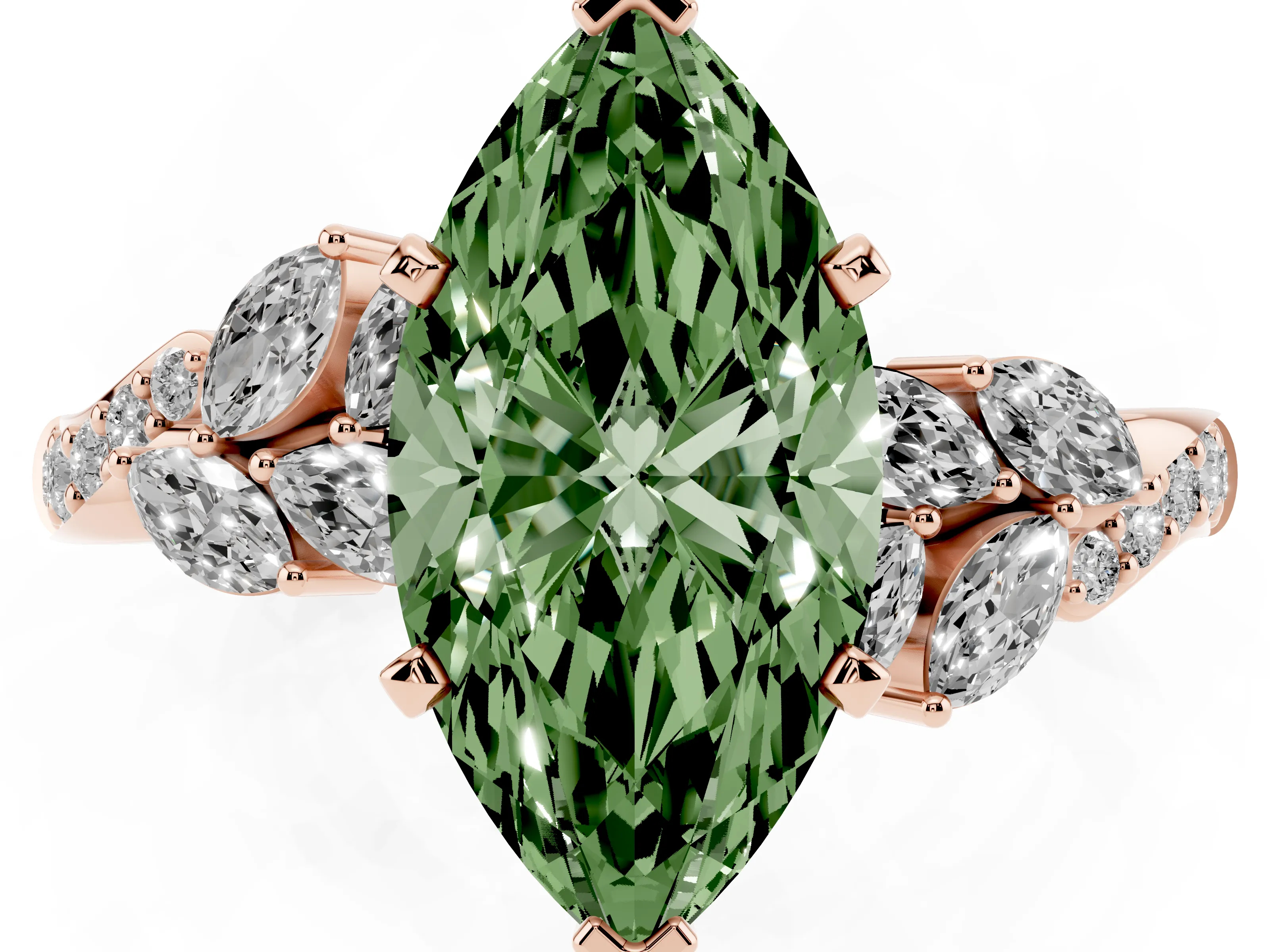 Fancy Green Marquise Cut Diamond Solitaire Ring Set in Rose gold with Marquise Twist Band and Prong Setting
